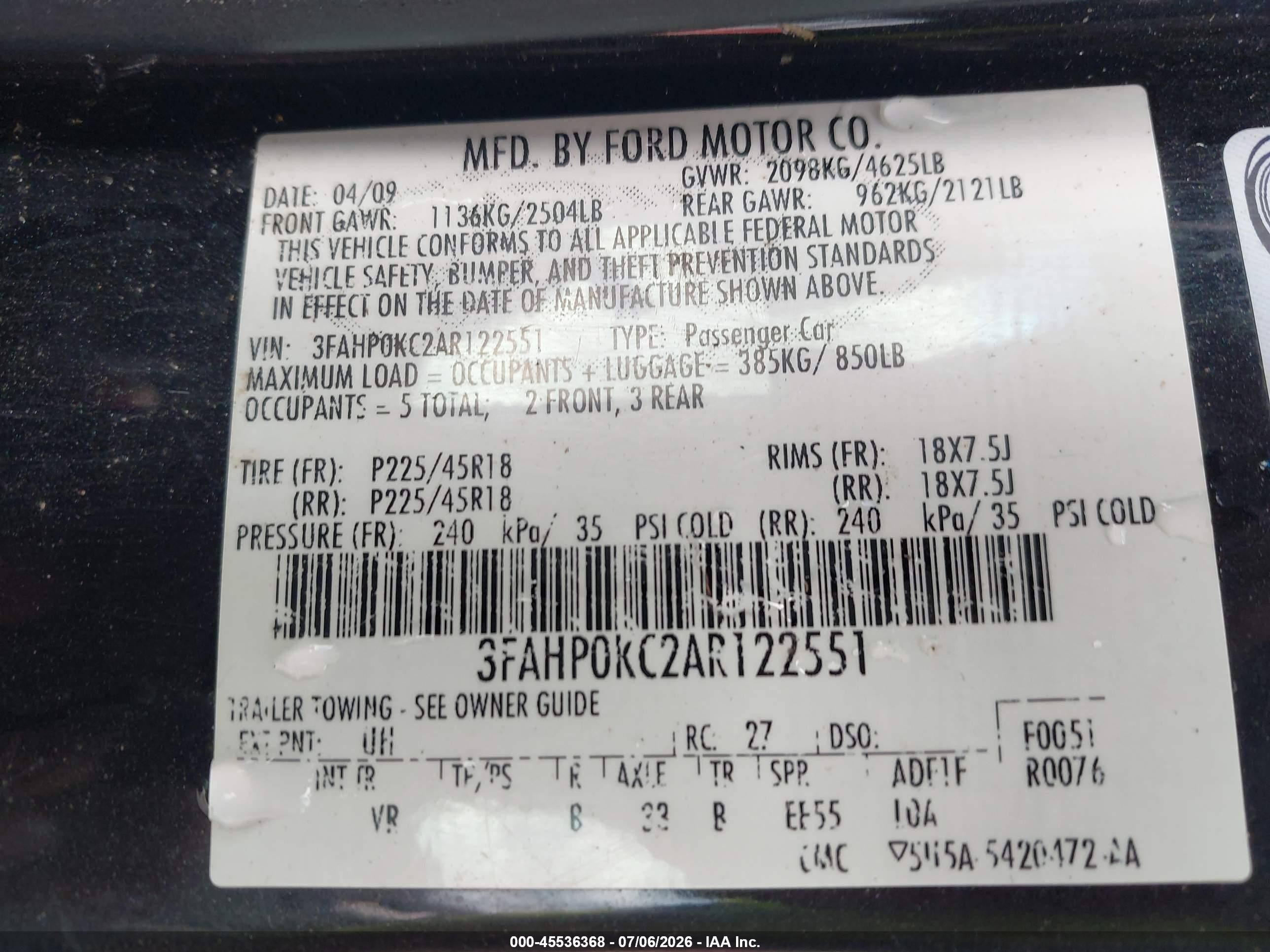 2010 Ford Fusion Sport Black vin: 3FAHP0KC2AR122551