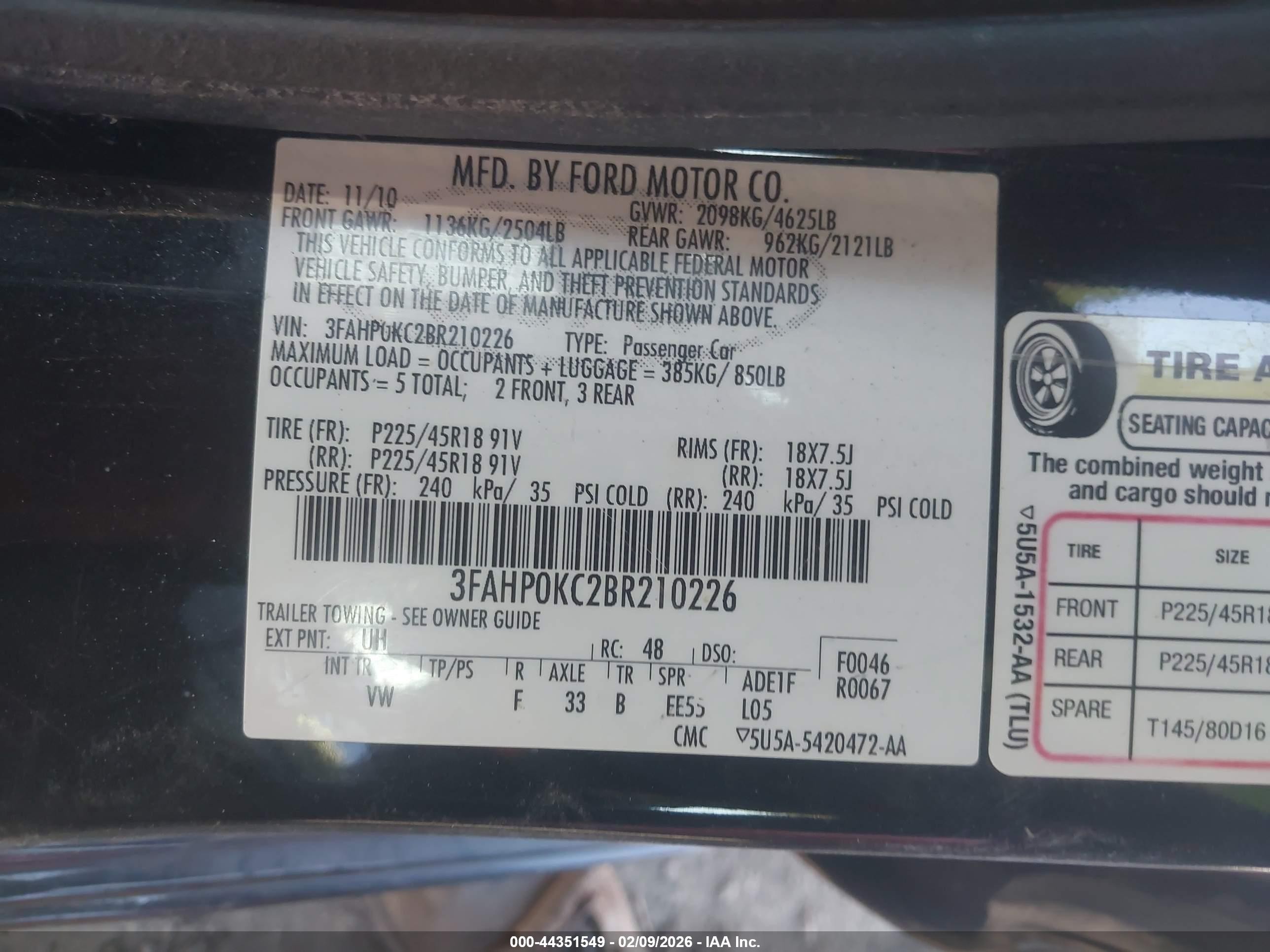 2011 Ford Fusion Sport Black vin: 3FAHP0KC2BR210226