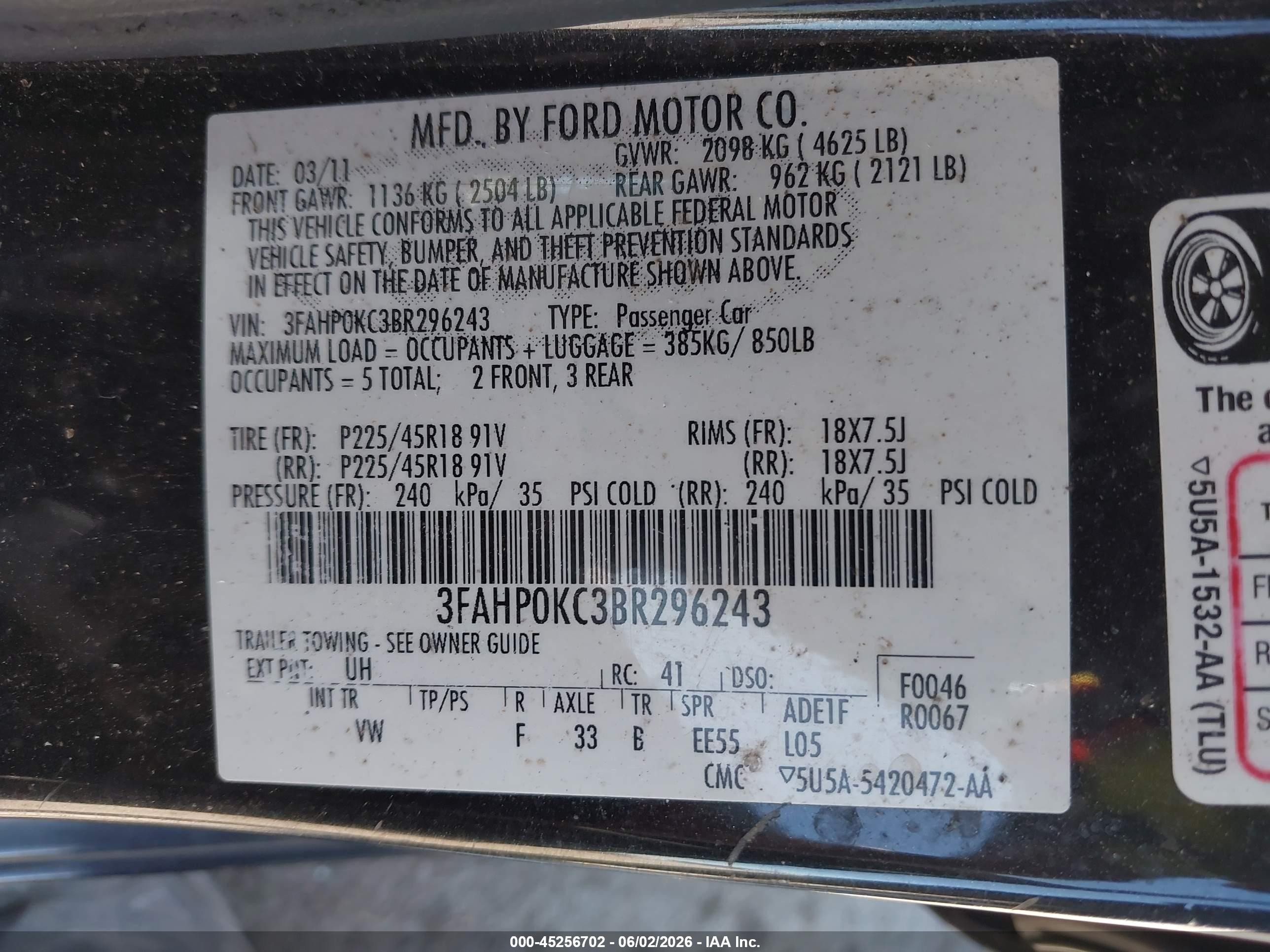 2011 Ford Fusion Sport Black vin: 3FAHP0KC3BR296243