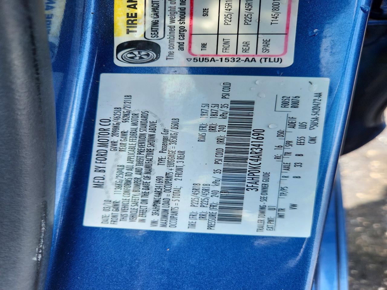 2010 Ford Fusion Sport Blue vin: 3FAHP0KC4AR341690