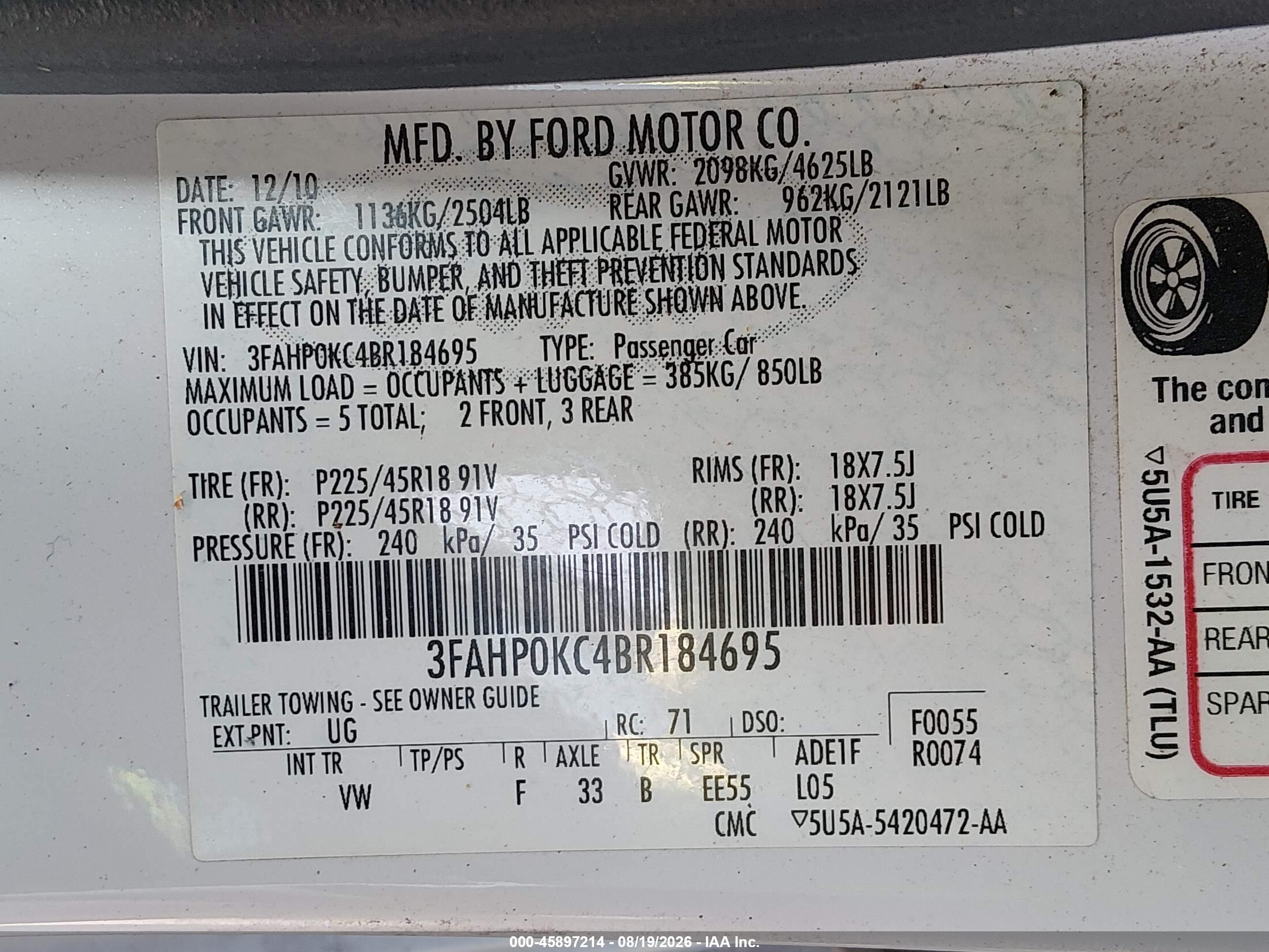 2011 Ford Fusion Sport White vin: 3FAHP0KC4BR184695