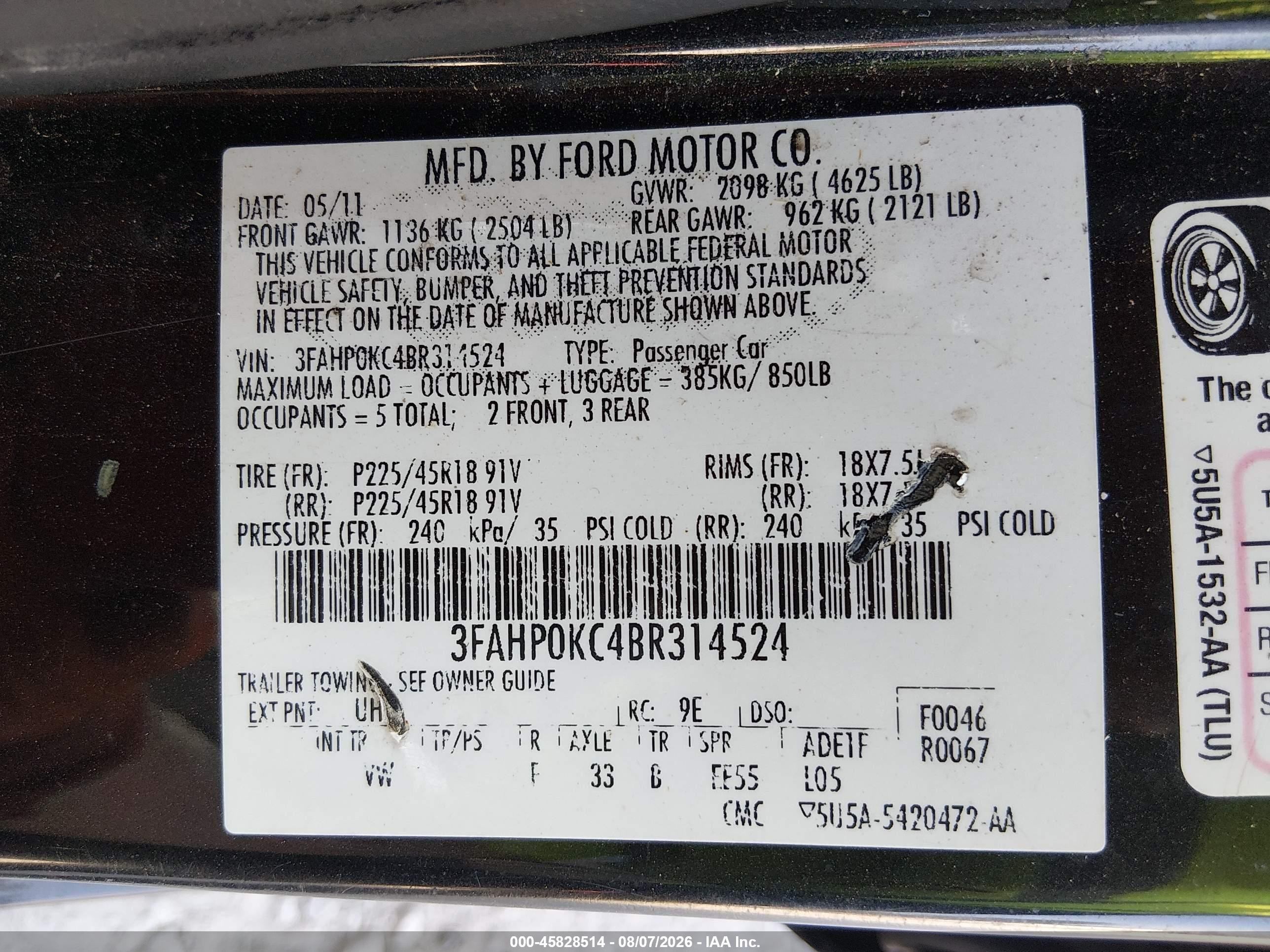 2011 Ford Fusion Sport Черный vin: 3FAHP0KC4BR314524