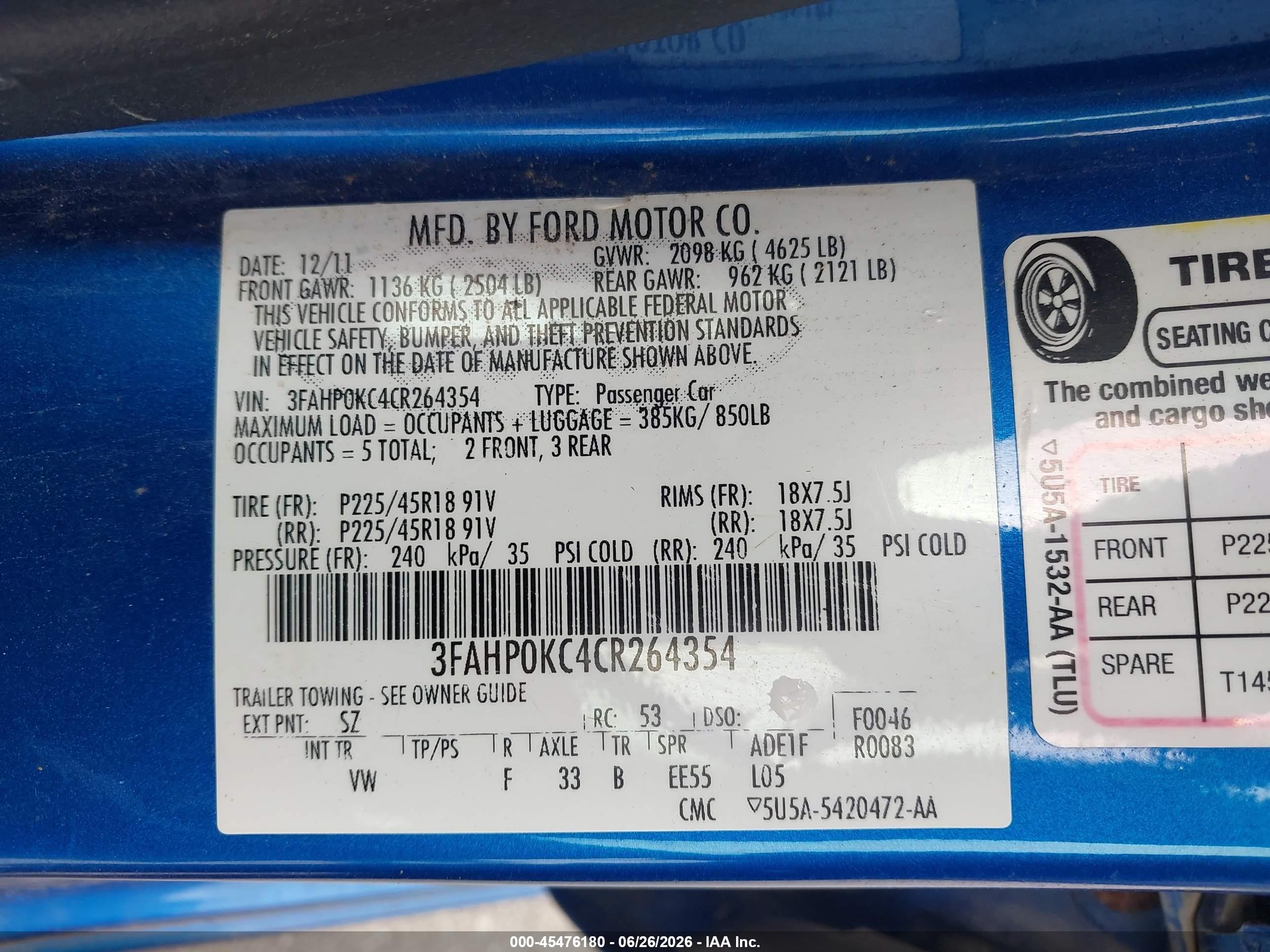 2012 Ford Fusion Sport Blue vin: 3FAHP0KC4CR264354