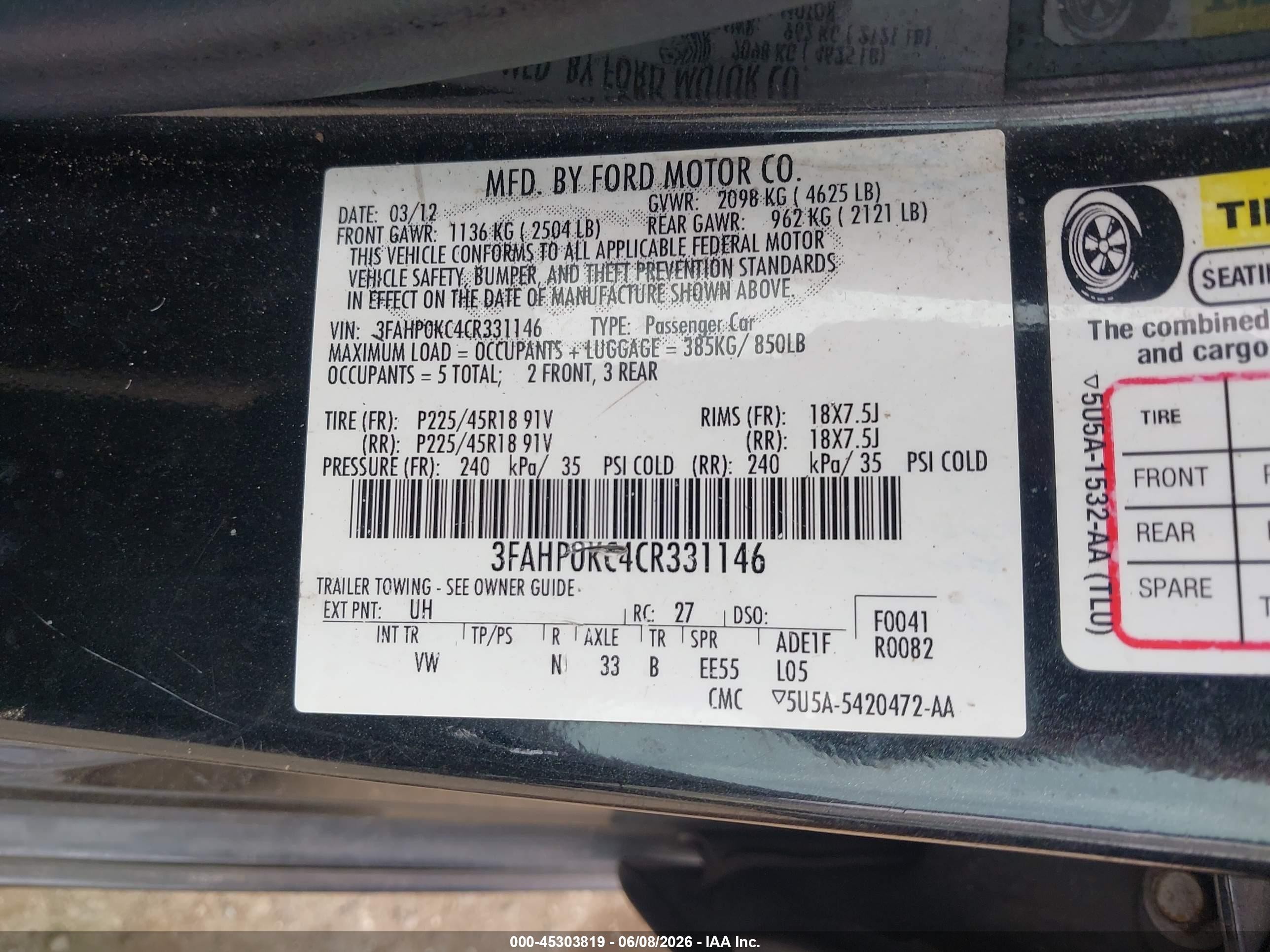 2012 Ford Fusion Sport Black vin: 3FAHP0KC4CR331146