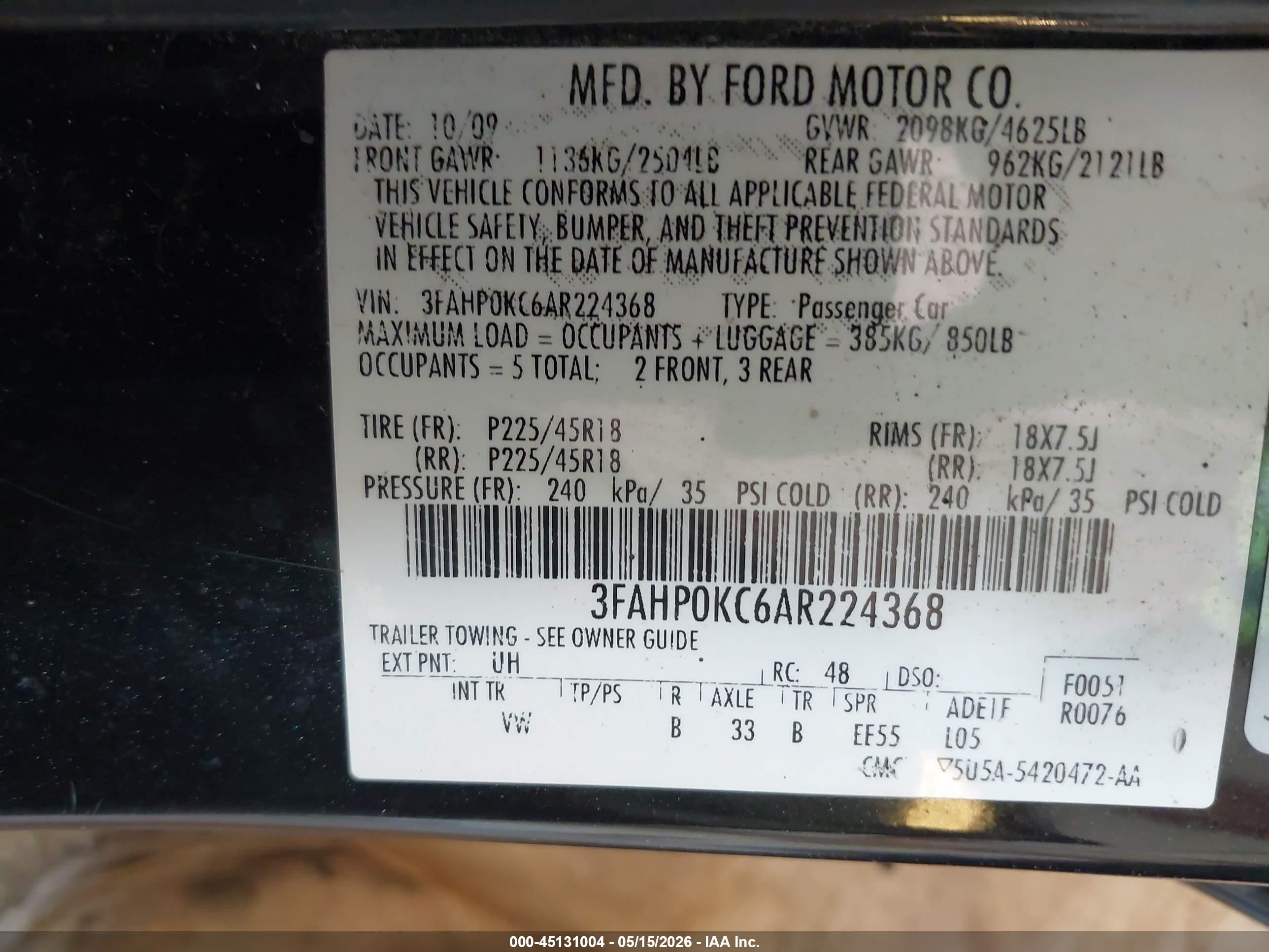 2010 Ford Fusion Sport Black vin: 3FAHP0KC6AR224368