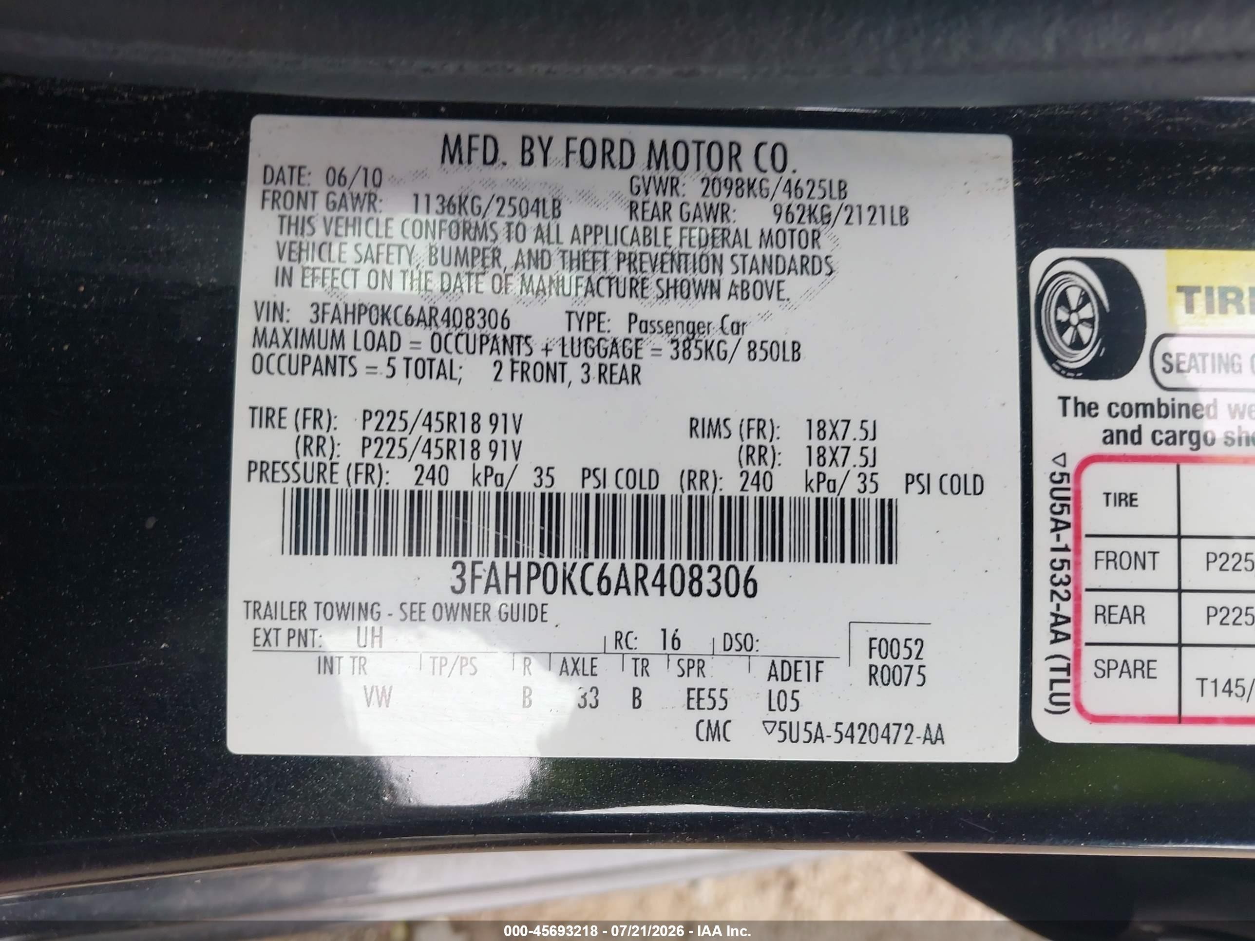 2010 Ford Fusion Sport Black vin: 3FAHP0KC6AR408306