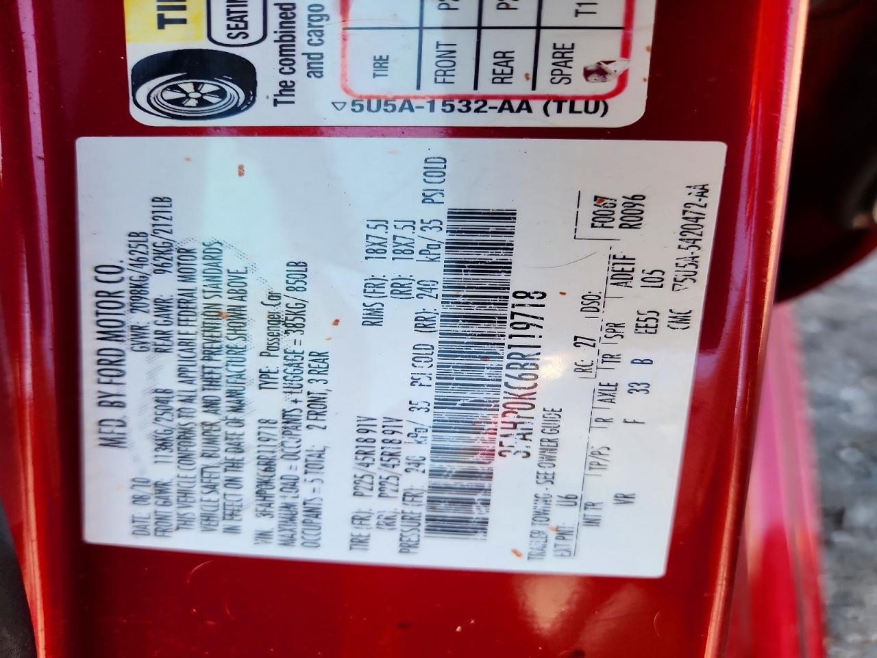 2011 Ford Fusion Sport Red vin: 3FAHP0KC6BR119718