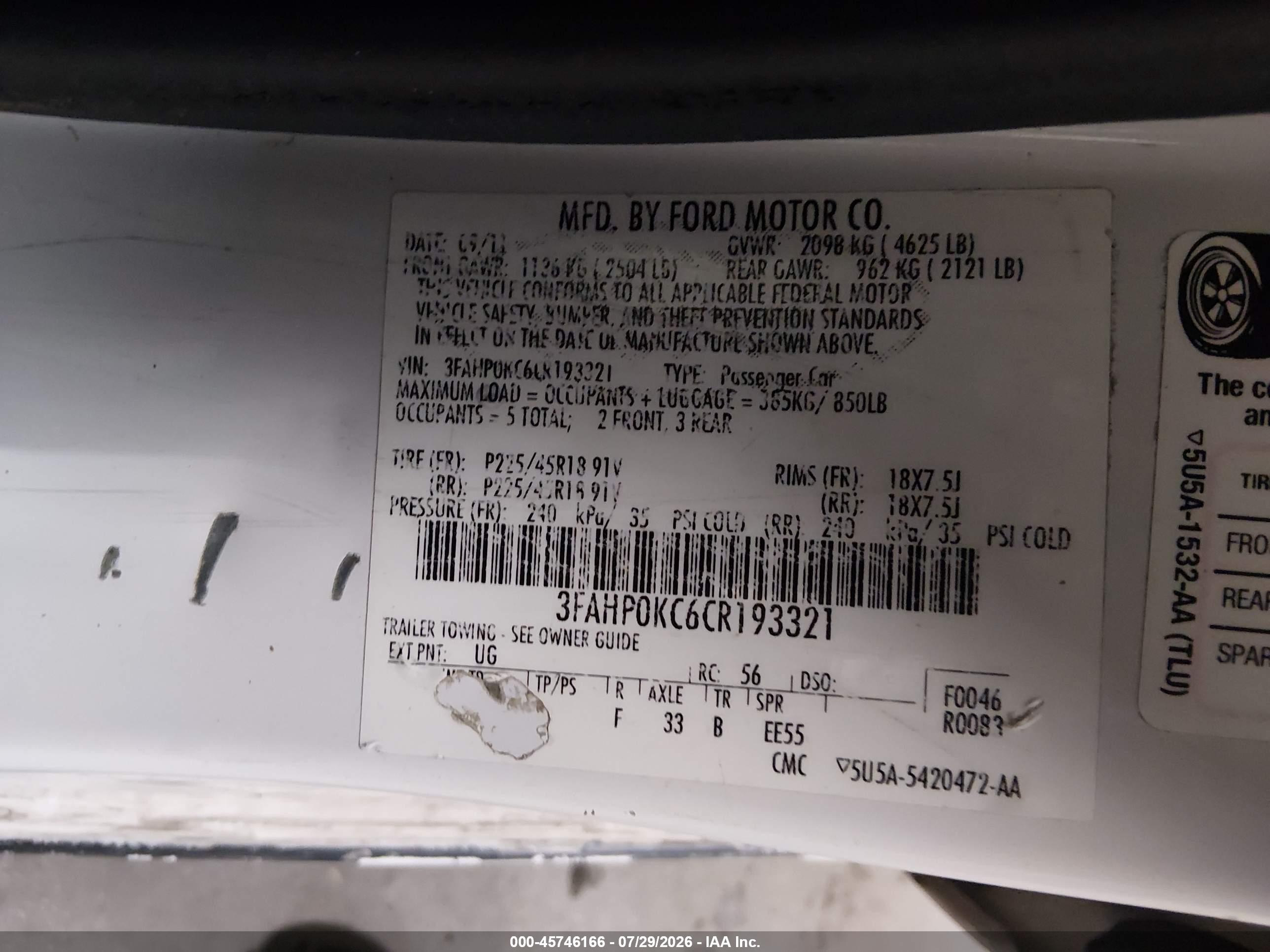 2012 Ford Fusion Sport White vin: 3FAHP0KC6CR193321