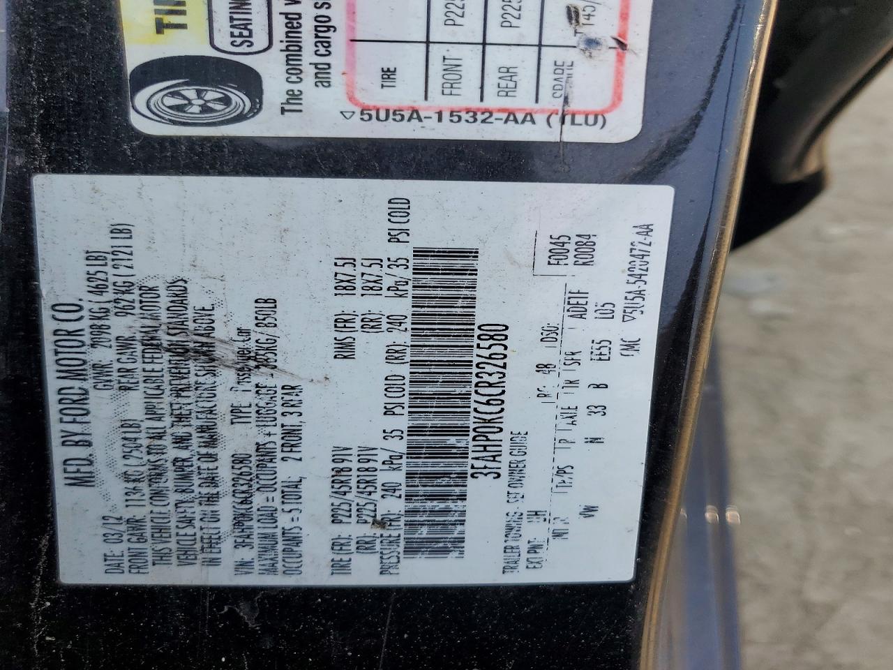 2012 Ford Fusion Sport Черный vin: 3FAHP0KC6CR326580