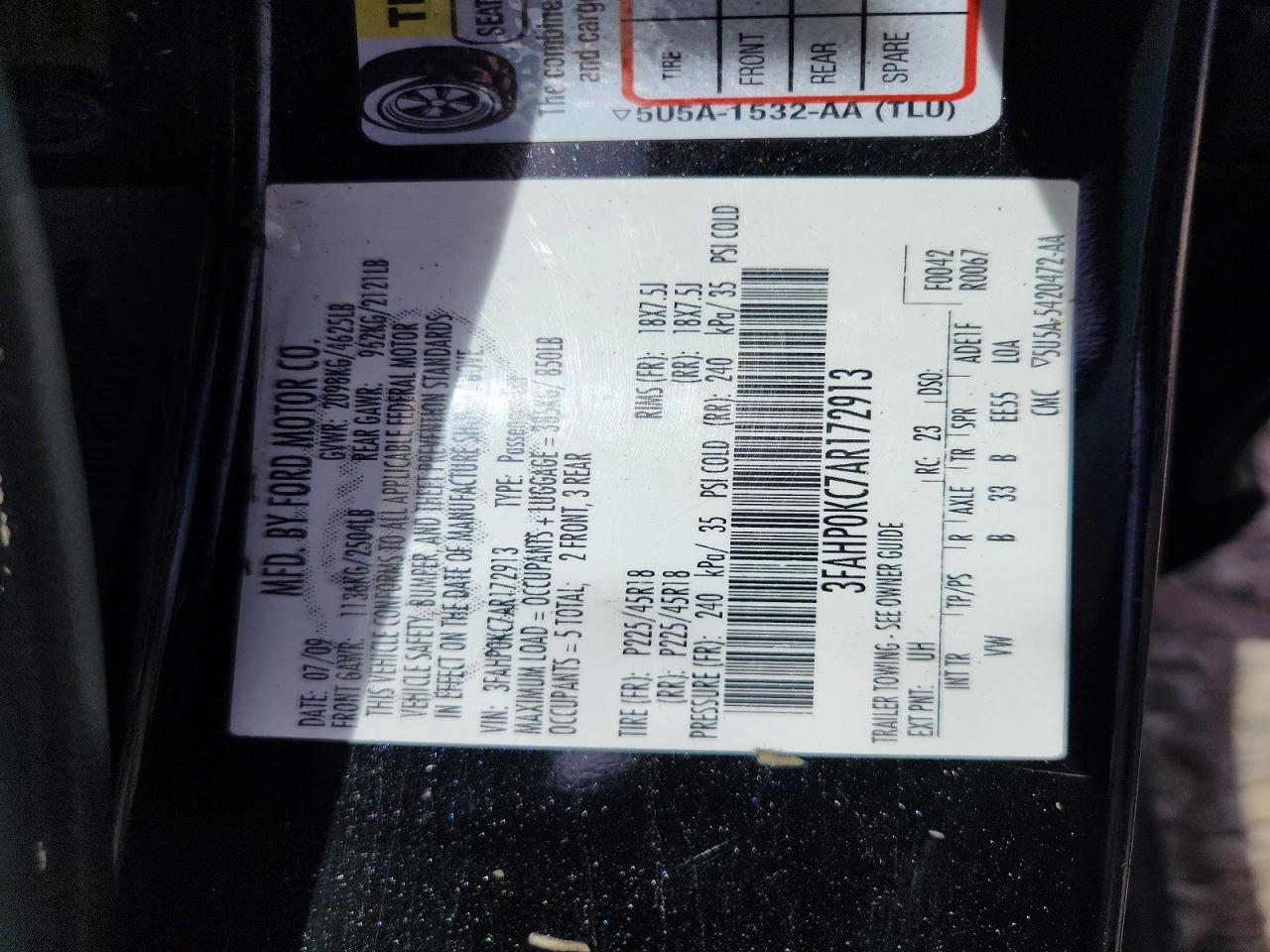 2010 Ford Fusion Sport Black vin: 3FAHP0KC7AR172913