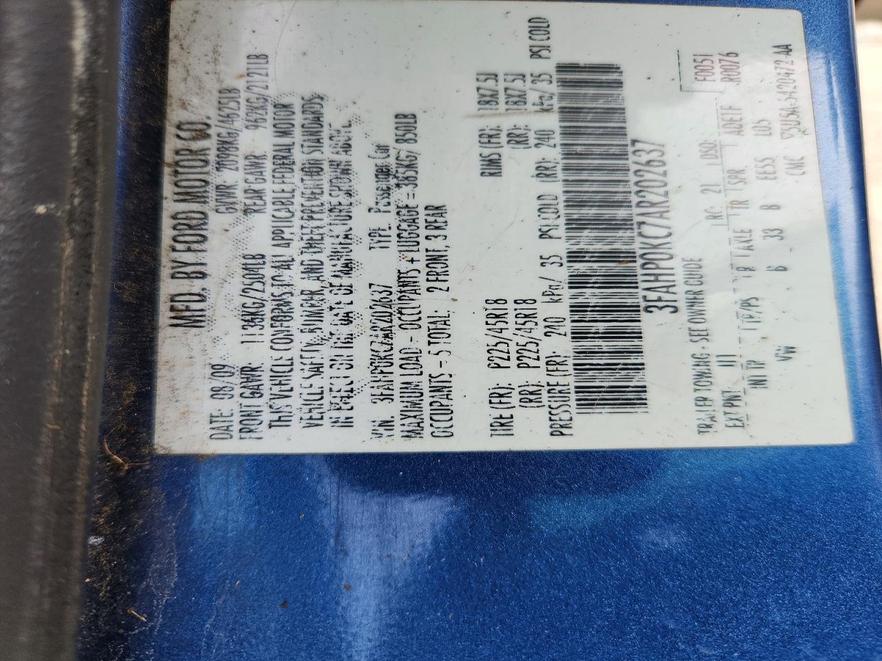 2010 Ford Fusion Sport Blue vin: 3FAHP0KC7AR202637