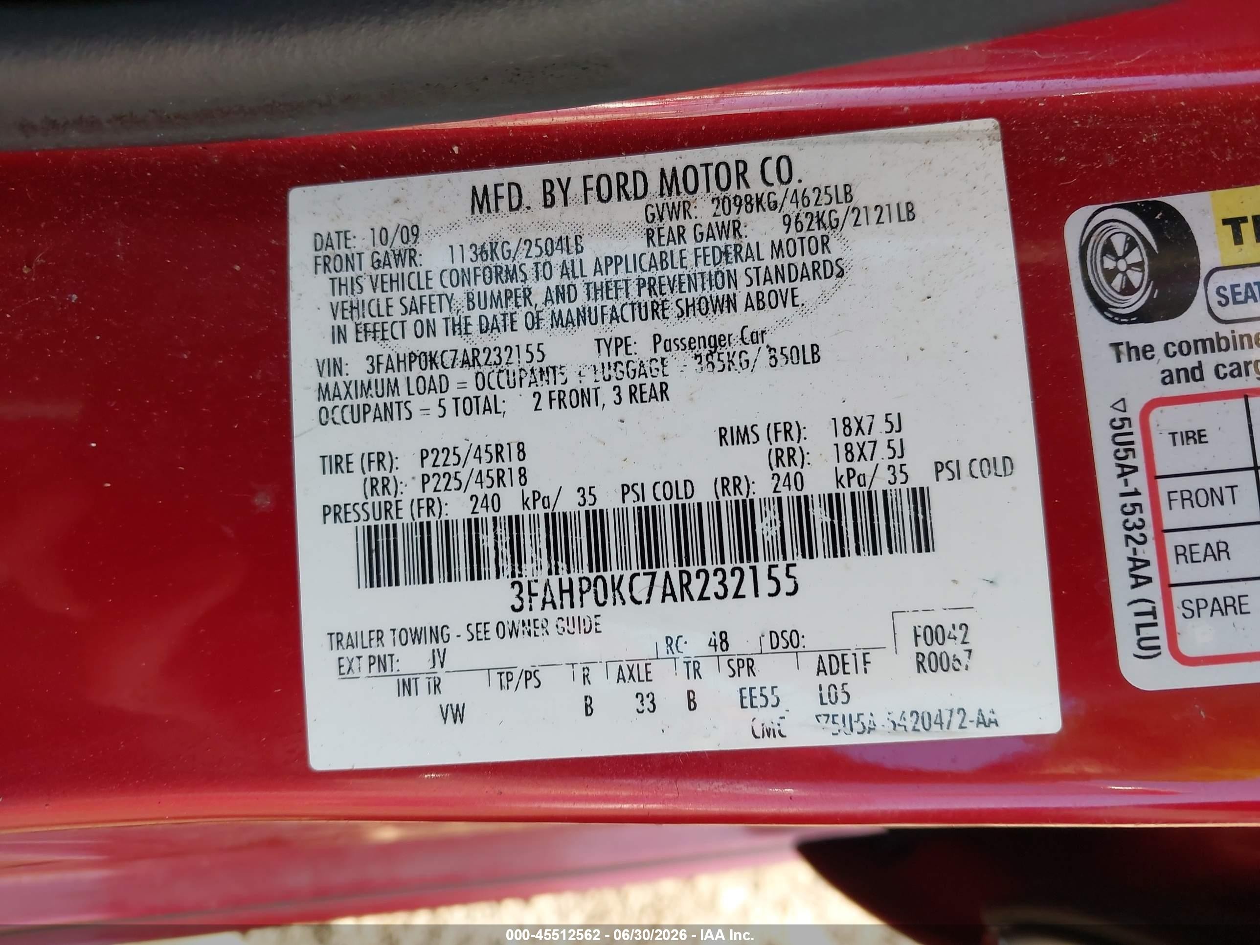 2010 Ford Fusion Sport Red vin: 3FAHP0KC7AR232155