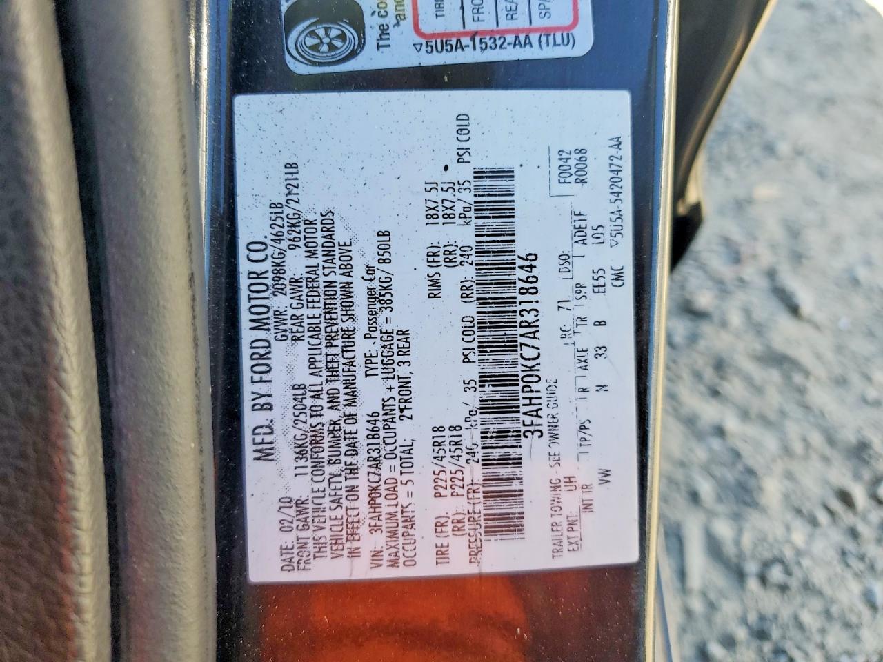 2010 Ford Fusion Sport Black vin: 3FAHP0KC7AR318646