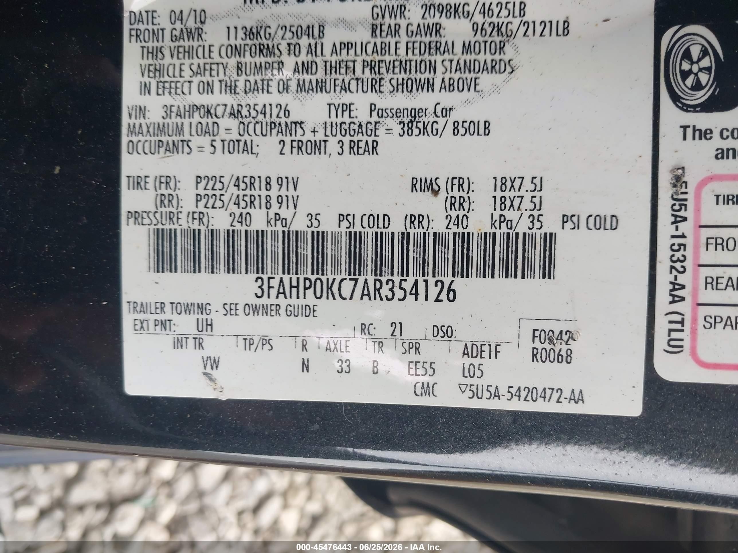 2010 Ford Fusion Sport Black vin: 3FAHP0KC7AR354126