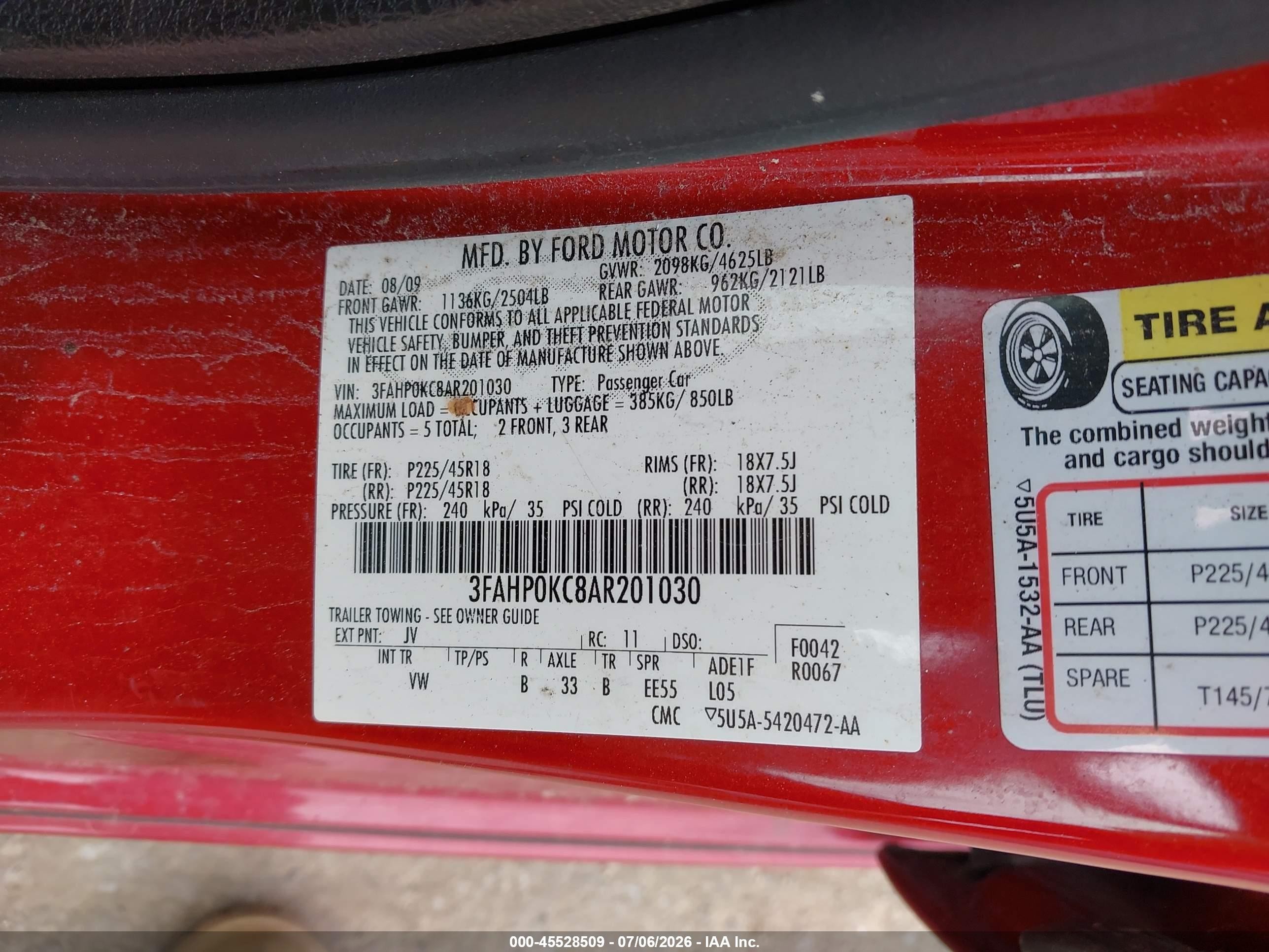 2010 Ford Fusion Sport Red vin: 3FAHP0KC8AR201030