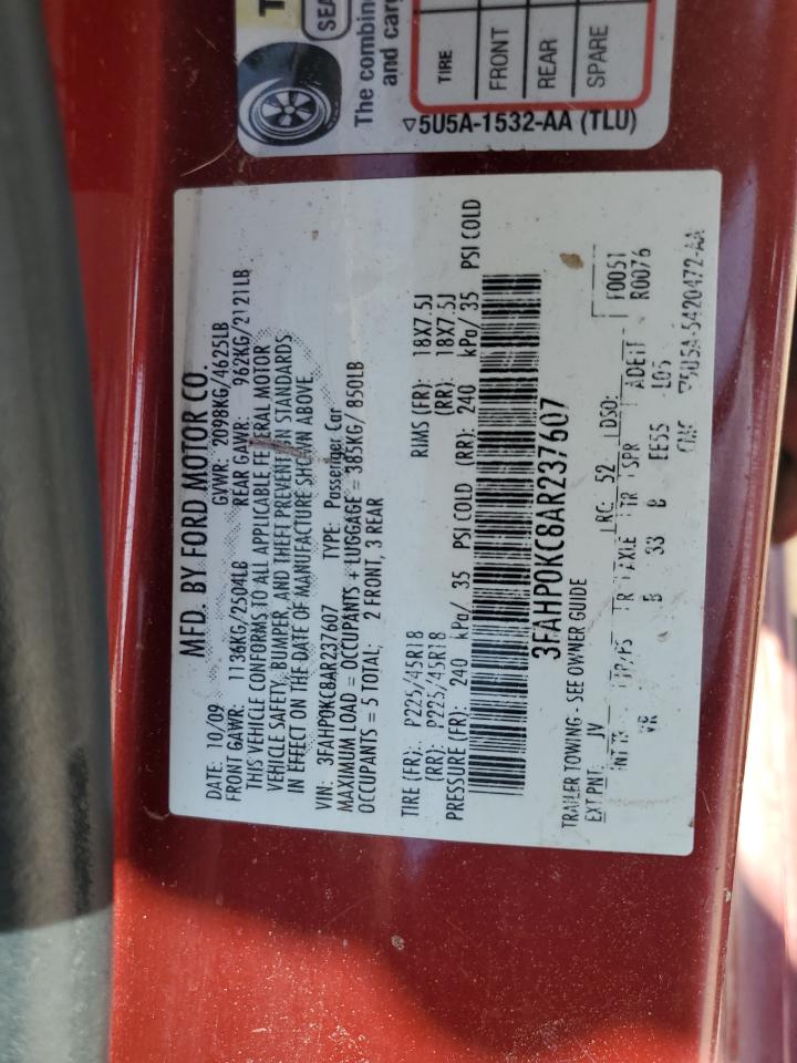 2010 Ford Fusion Sport Burgundy vin: 3FAHP0KC8AR237607