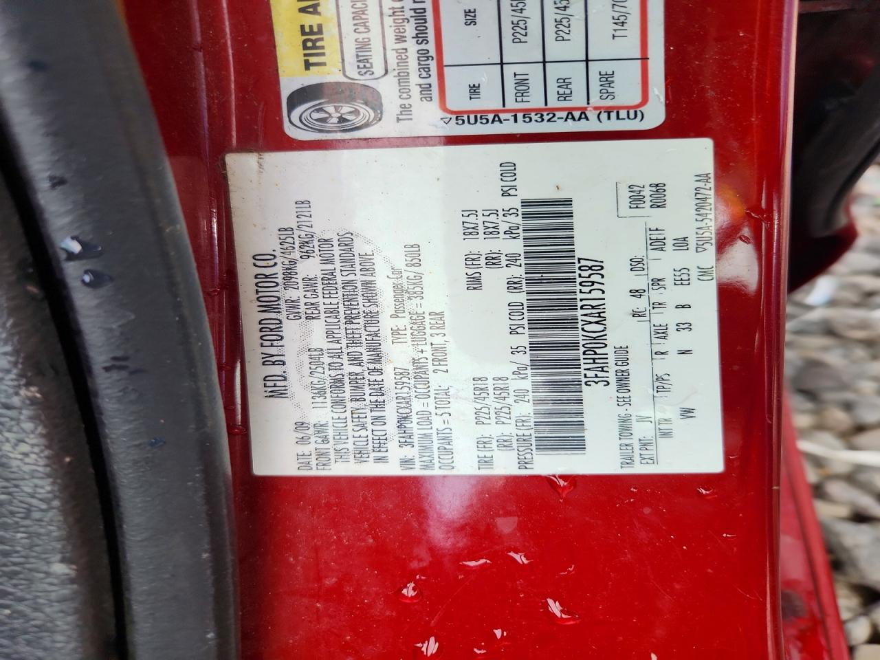 2010 Ford Fusion Sport Red vin: 3FAHP0KCXAR159587