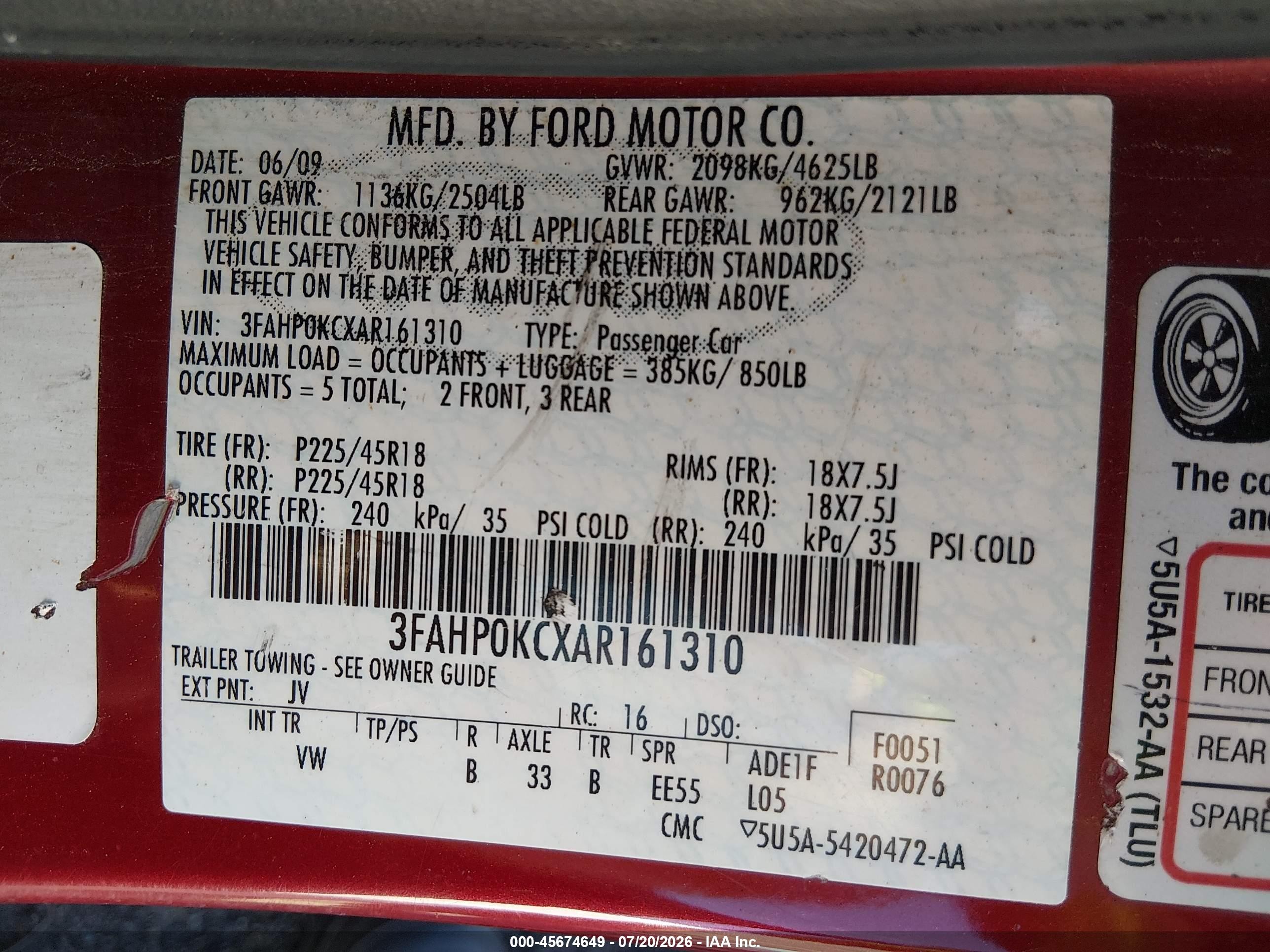 2010 Ford Fusion Sport Red vin: 3FAHP0KCXAR161310