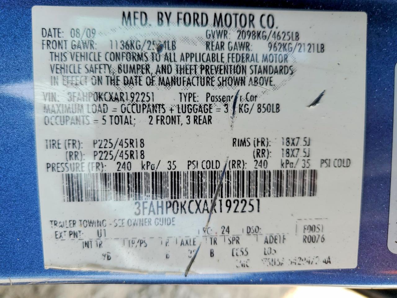 2010 Ford Fusion Sport Blue vin: 3FAHP0KCXAR192251