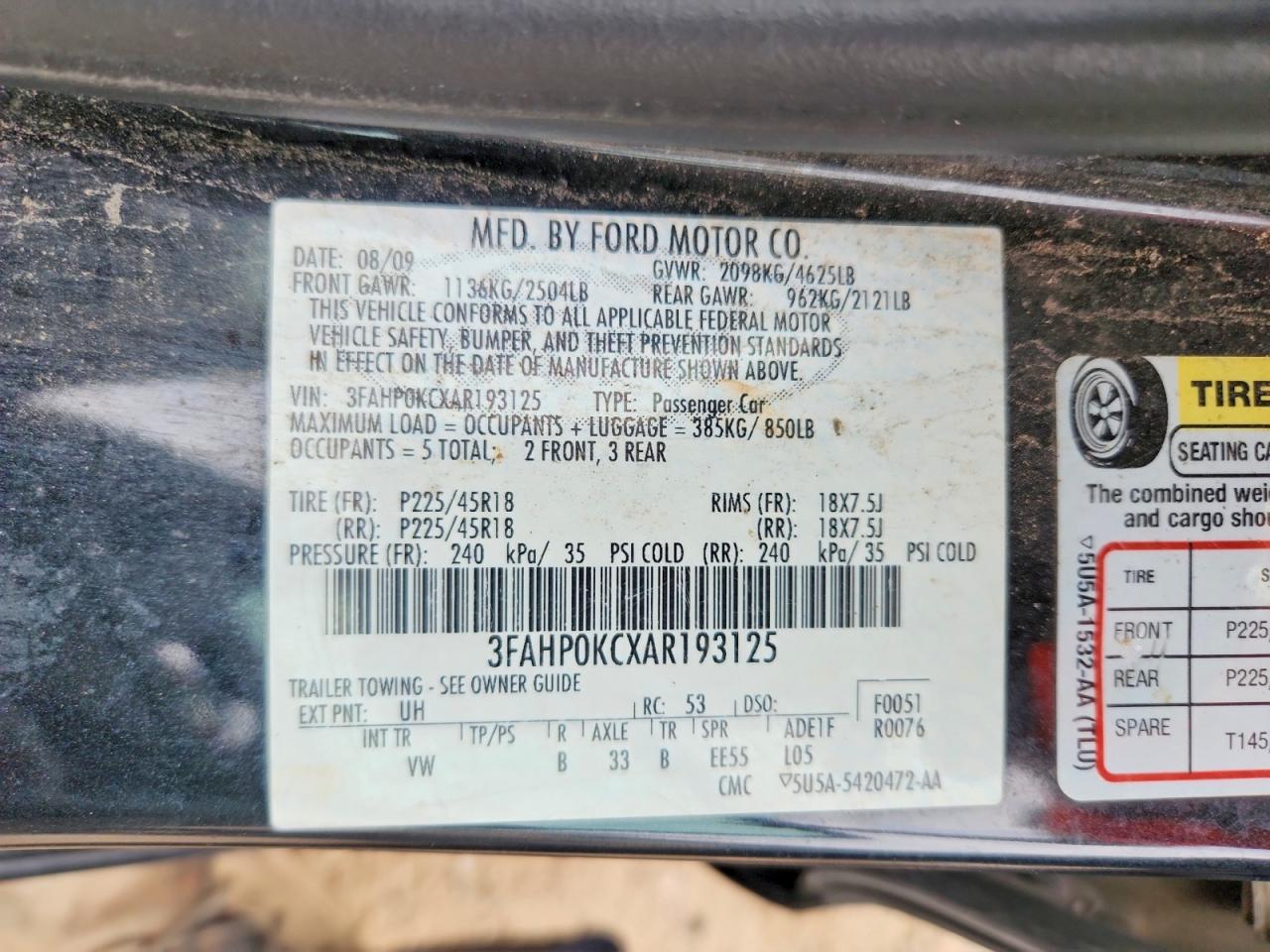 2010 Ford Fusion Sport Black vin: 3FAHP0KCXAR193125