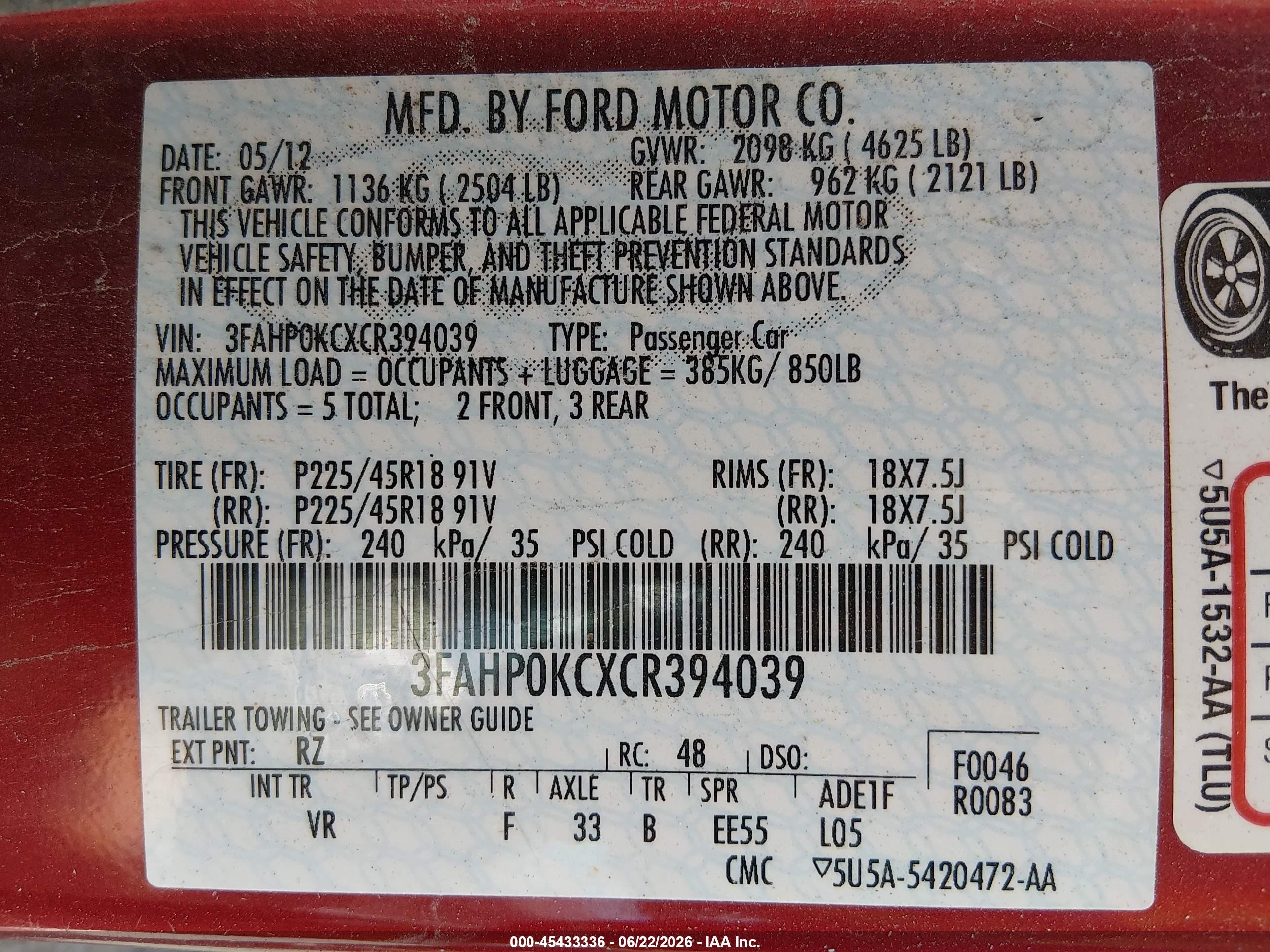 2012 Ford Fusion Sport Red vin: 3FAHP0KCXCR394039