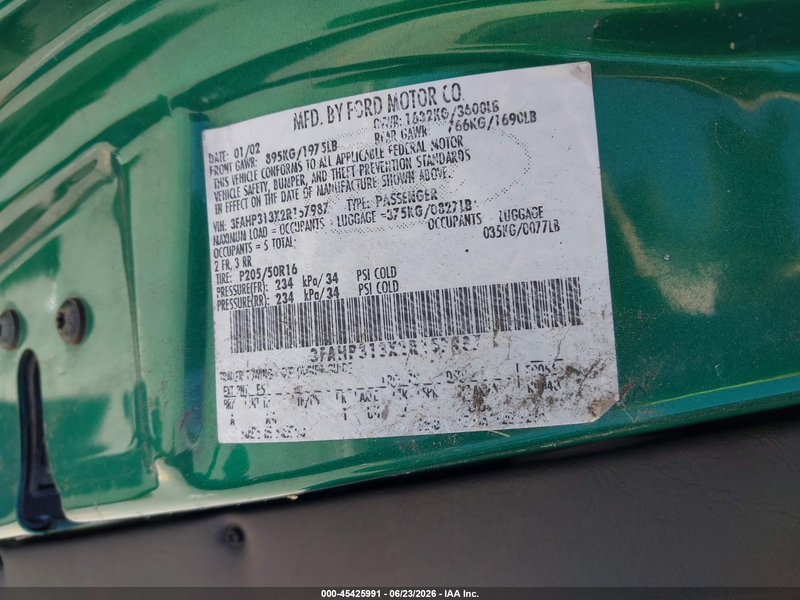2002 Ford Focus Zx3 Green vin: 3FAHP313X2R157987