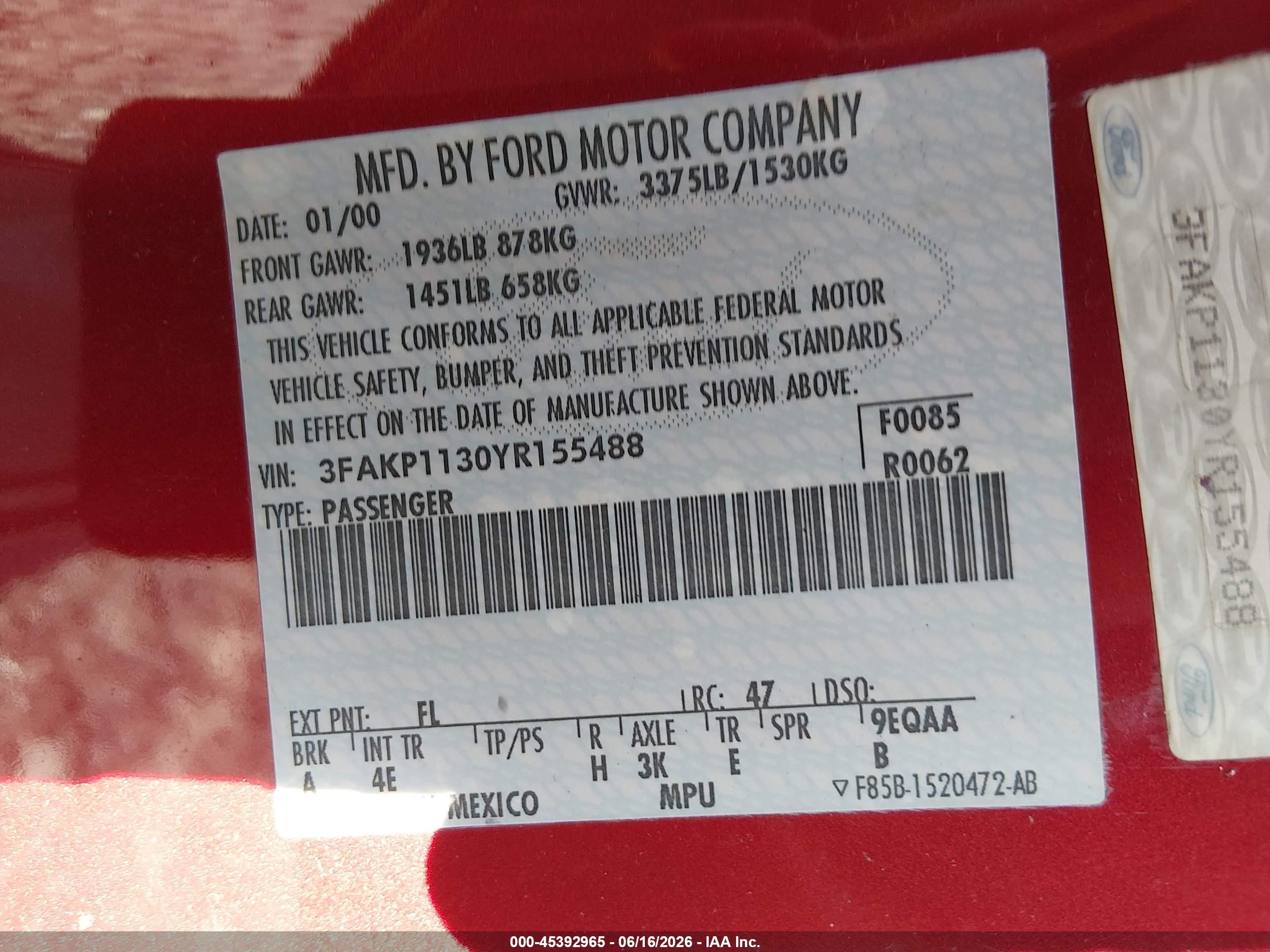 2000 Ford Escort Zx2 Red vin: 3FAKP1130YR155488