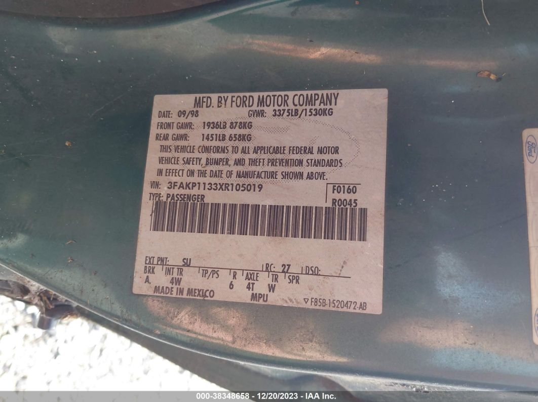 1999 Ford Escort Zx2 Cool/zx2 Hot Green vin: 3FAKP1133XR105019