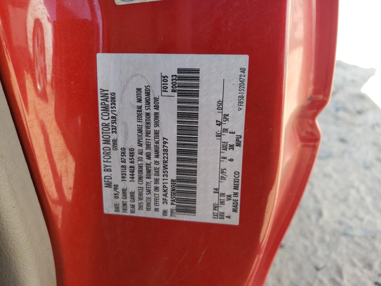 1998 Ford Escort Zx2 Red vin: 3FAKP1135WR238797