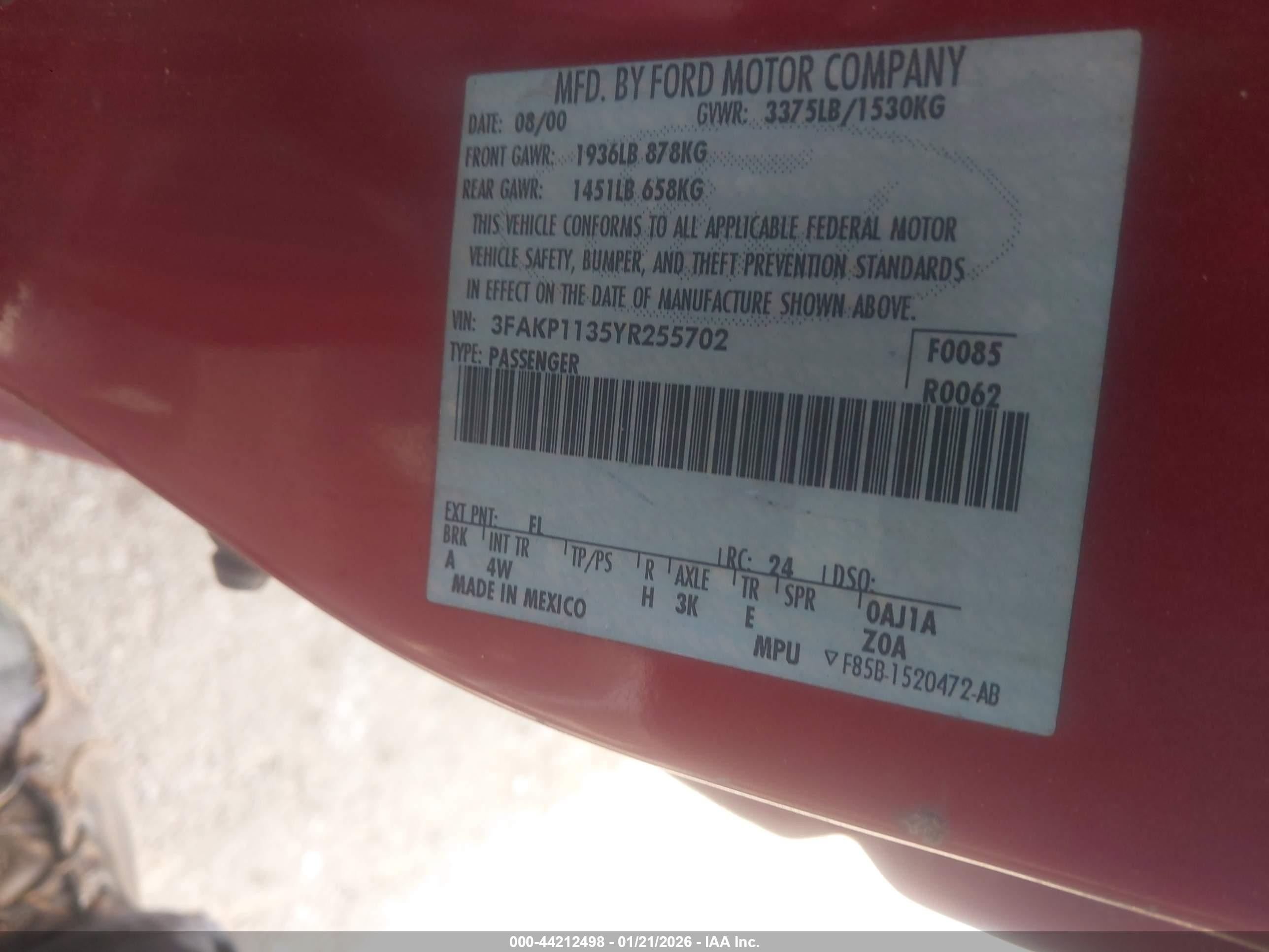 2000 Ford Escort Zx2 Red vin: 3FAKP1135YR255702