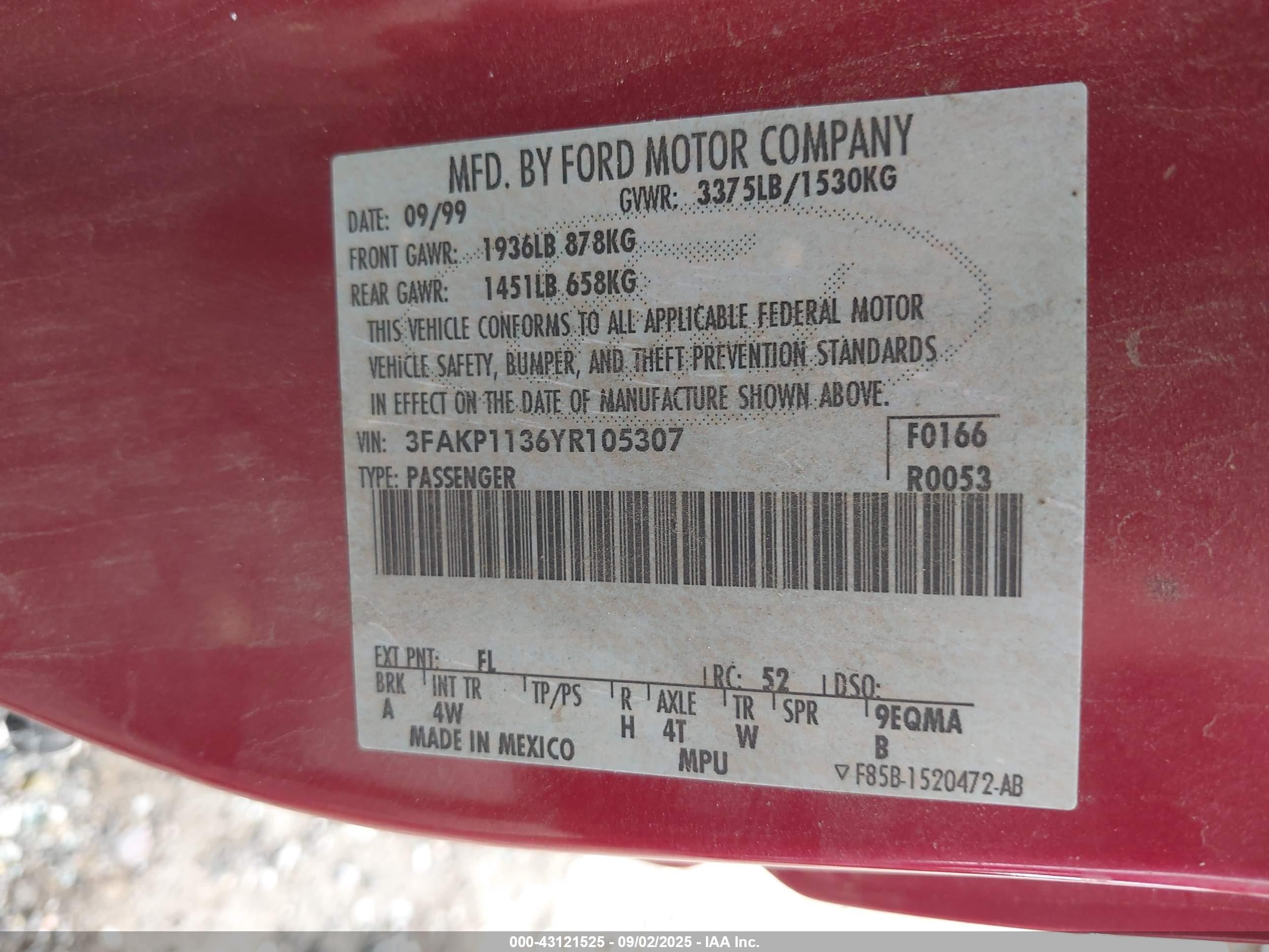 2000 Ford Escort Zx2 Red vin: 3FAKP1136YR105307