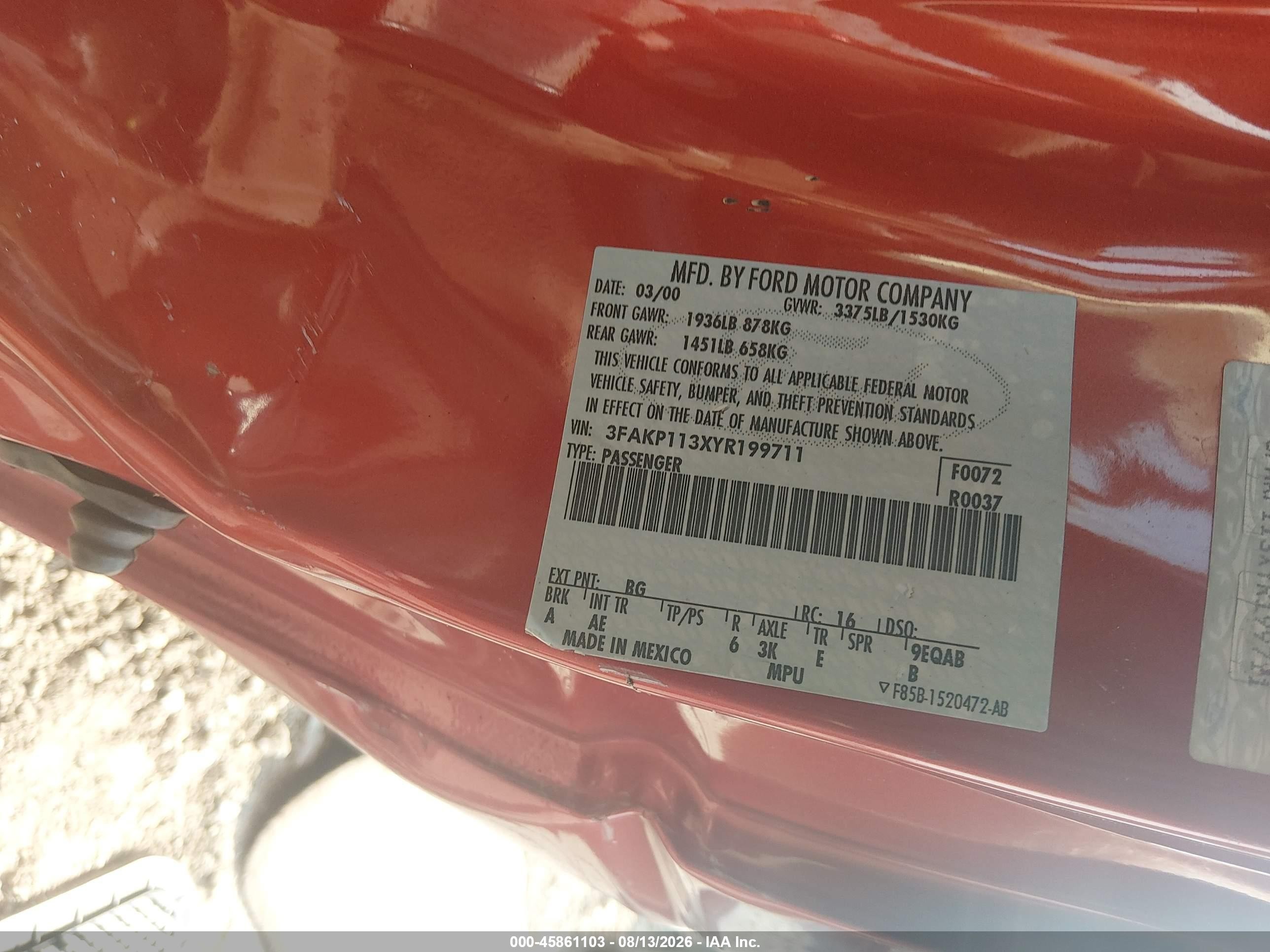 2000 Ford Escort Zx2 Red vin: 3FAKP113XYR199711