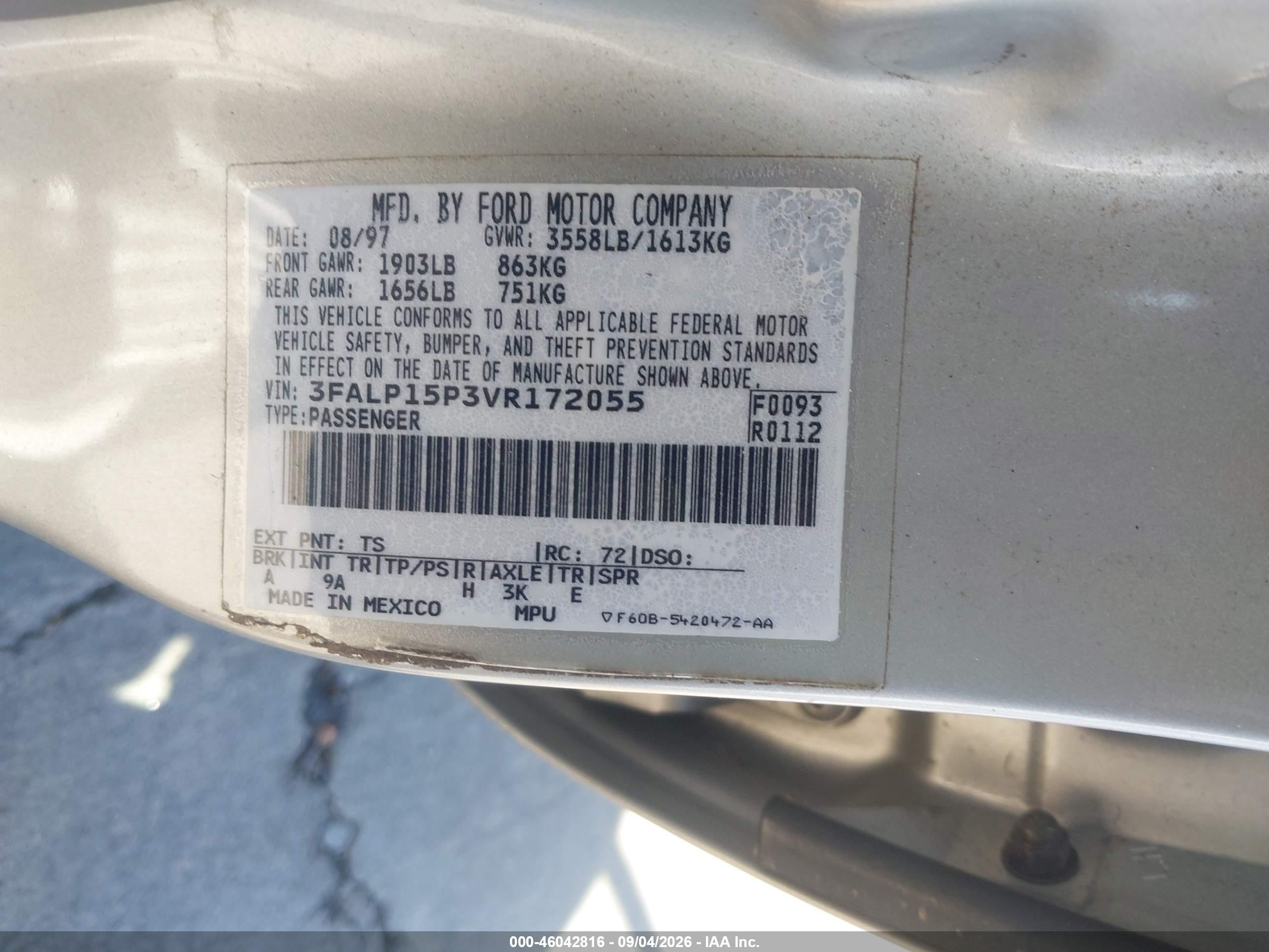 1997 Ford Escort Lx Серебряный vin: 3FALP15P3VR172055