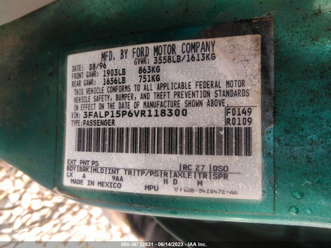 1997 Ford Escort Lx Green vin: 3FALP15P6VR118300