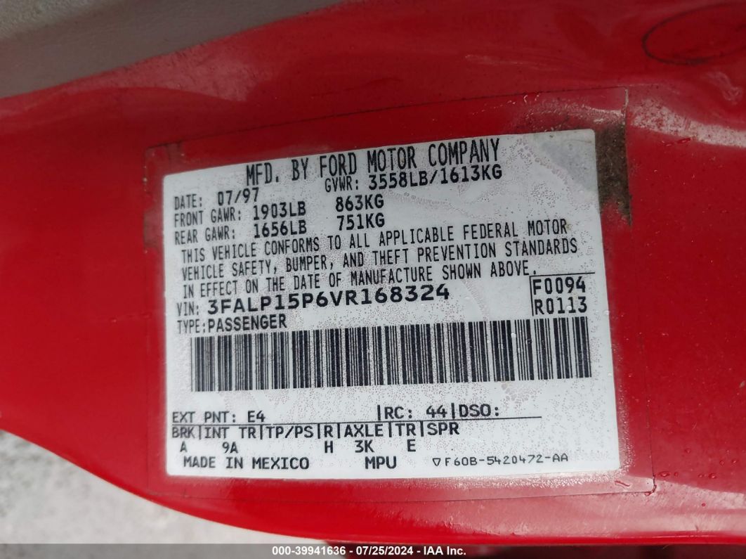 1997 Ford Escort Lx Red vin: 3FALP15P6VR168324