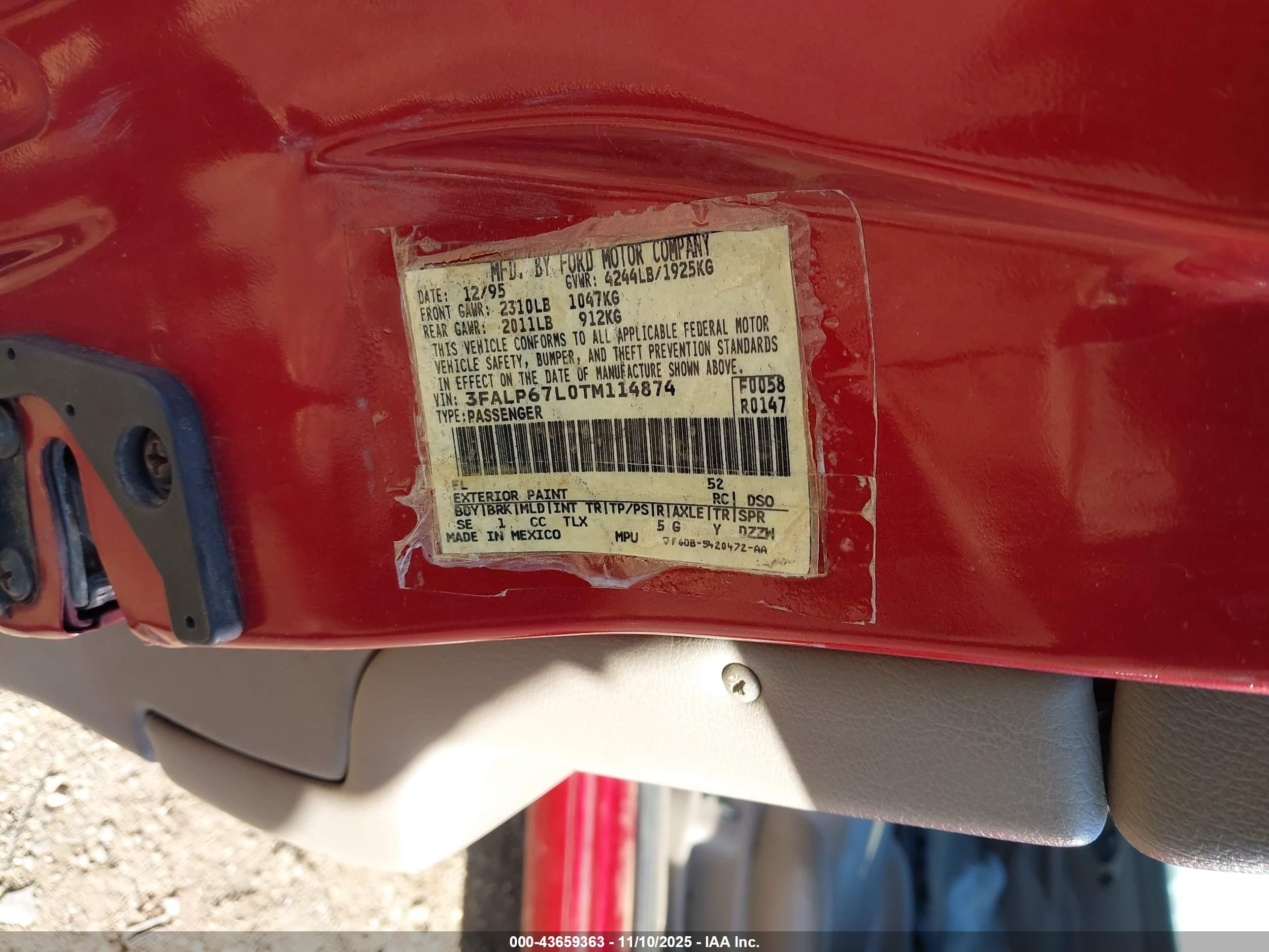 1996 Ford Contour Se Red vin: 3FALP67L0TM114874