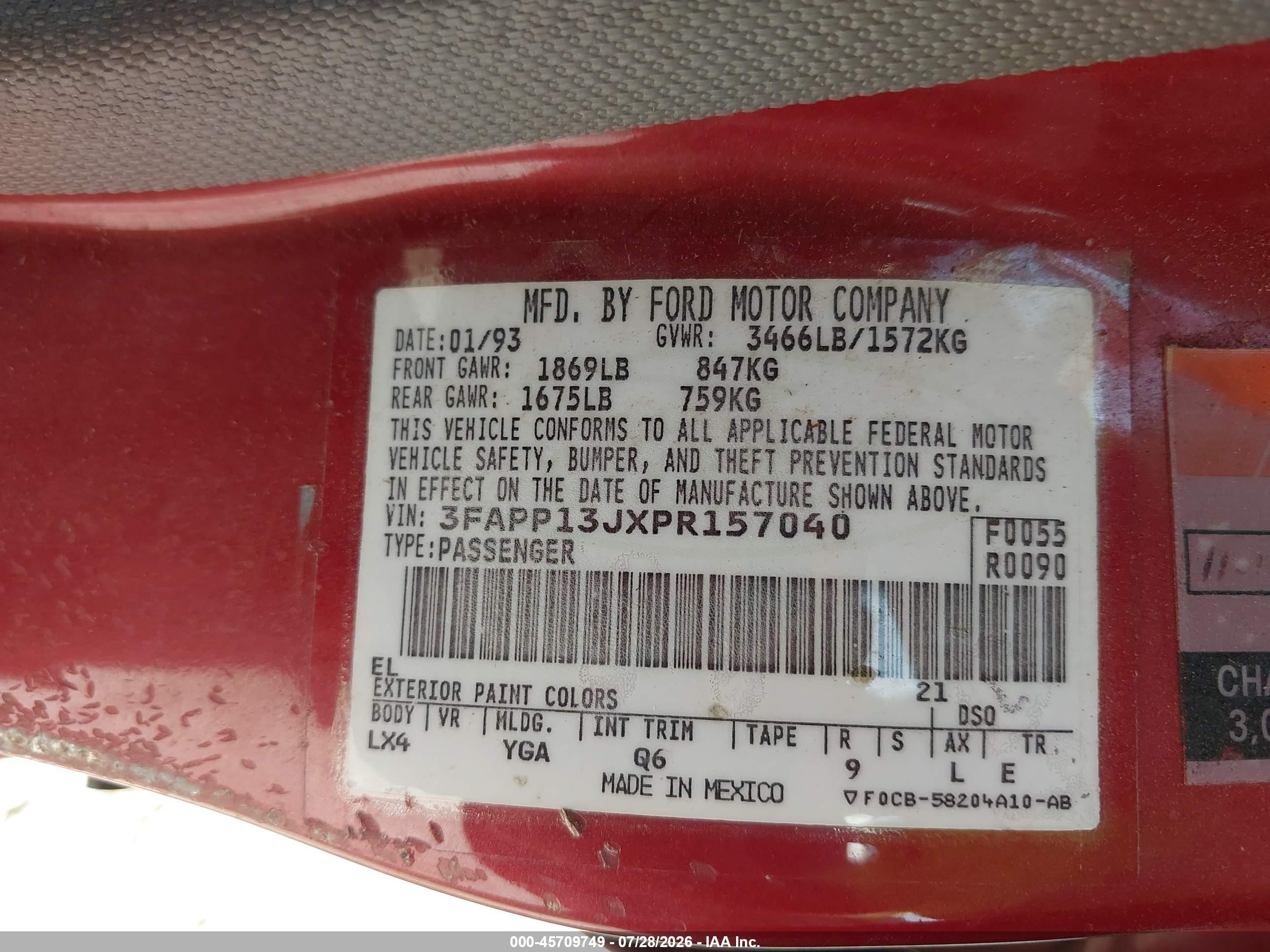 1993 Ford Escort Lx Red vin: 3FAPP13JXPR157040