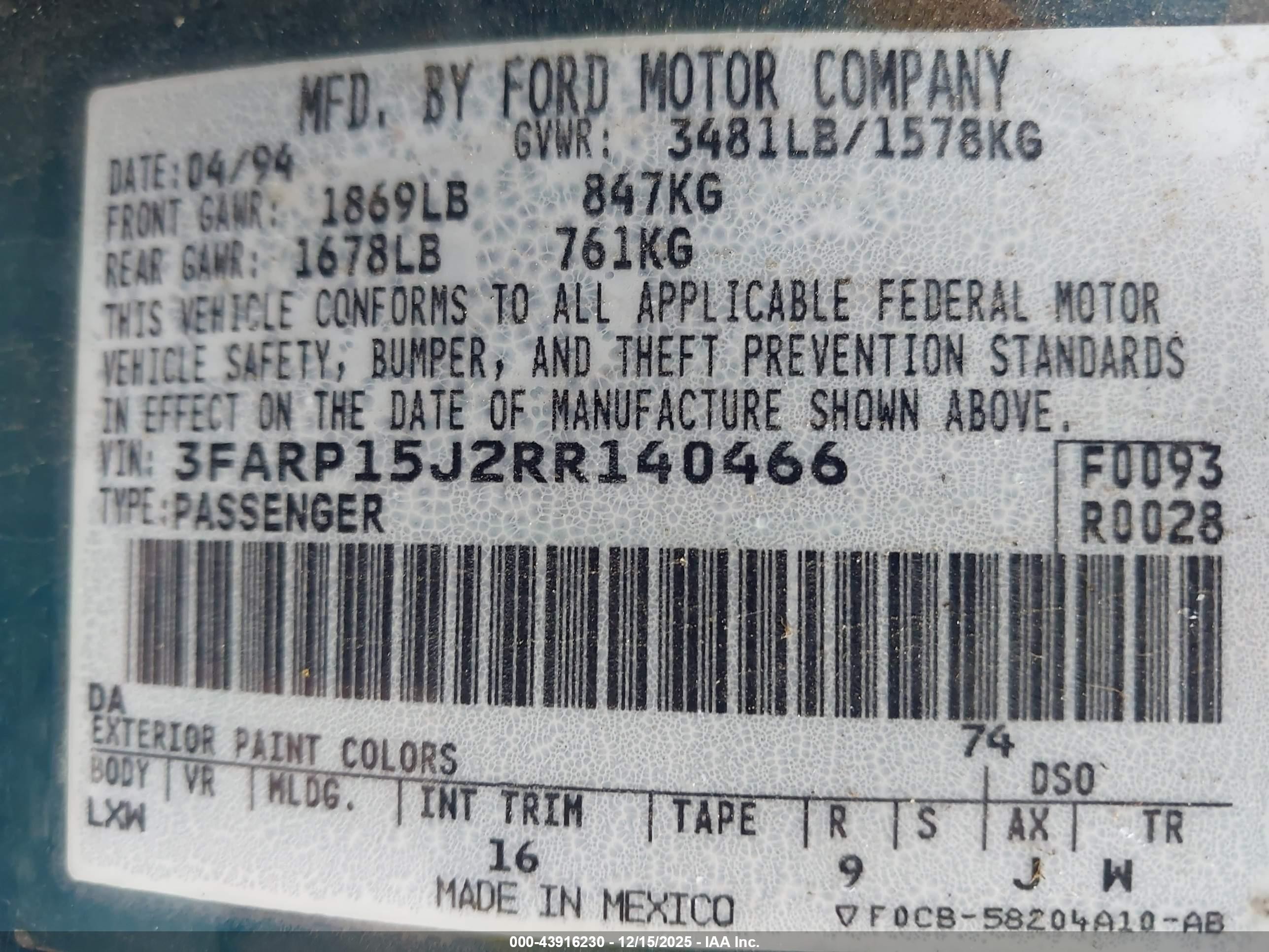 1994 Ford Escort Lx/sport Teal vin: 3FARP15J2RR140466