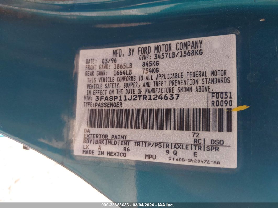 1996 Ford Escort Lx Blue vin: 3FASP11J2TR124637