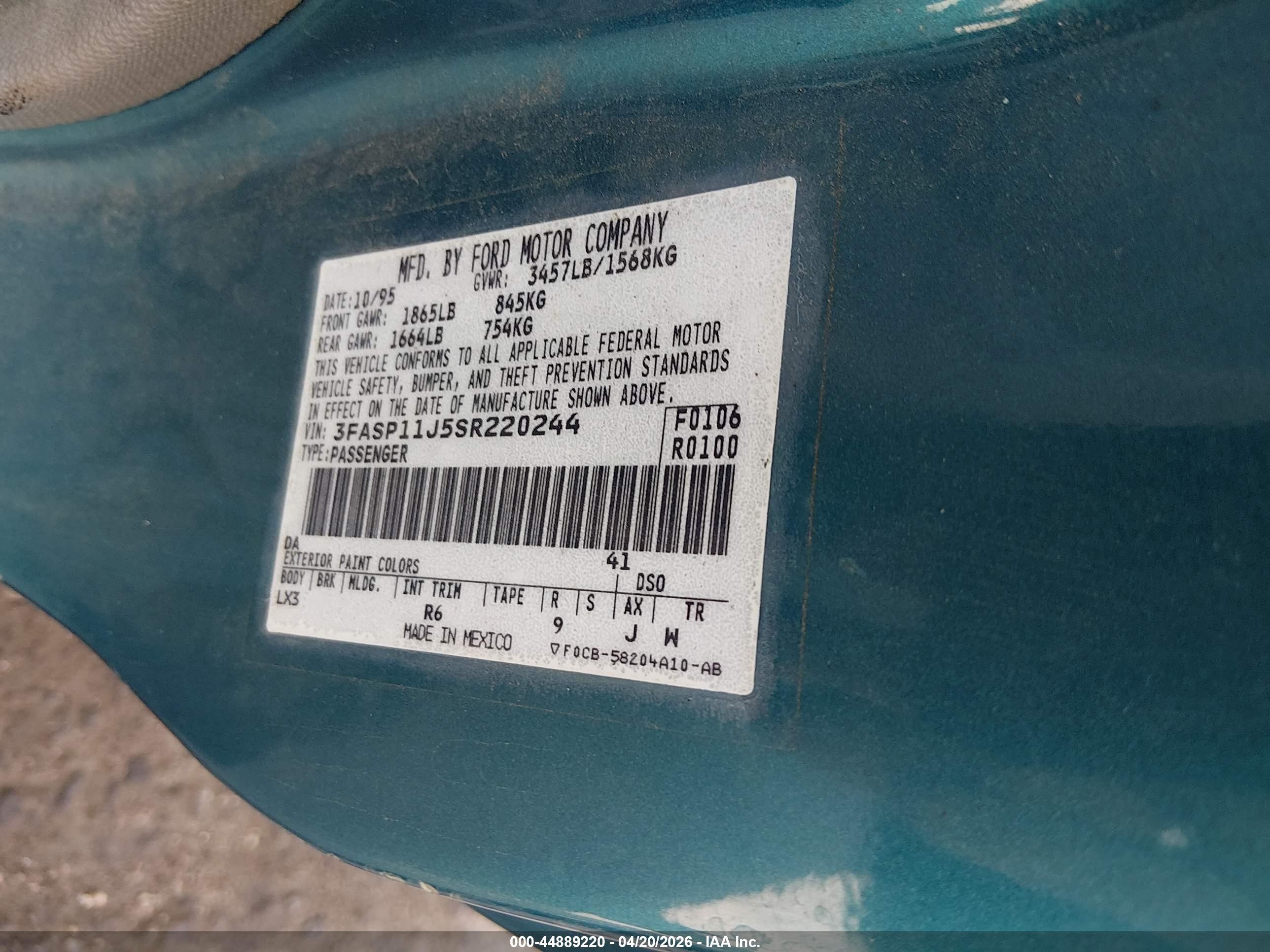 1995 Ford Escort Lx/sport Green vin: 3FASP11J5SR220244