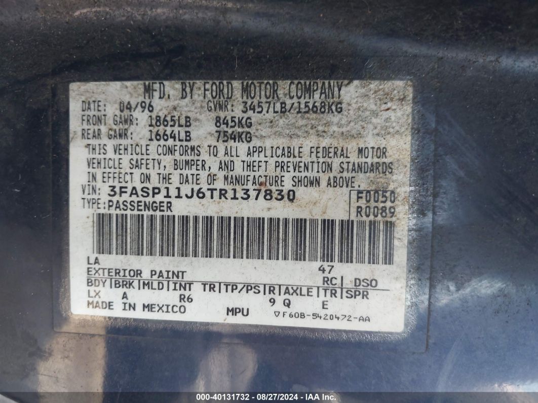 1996 Ford Escort Lx Dark Blue vin: 3FASP11J6TR137830