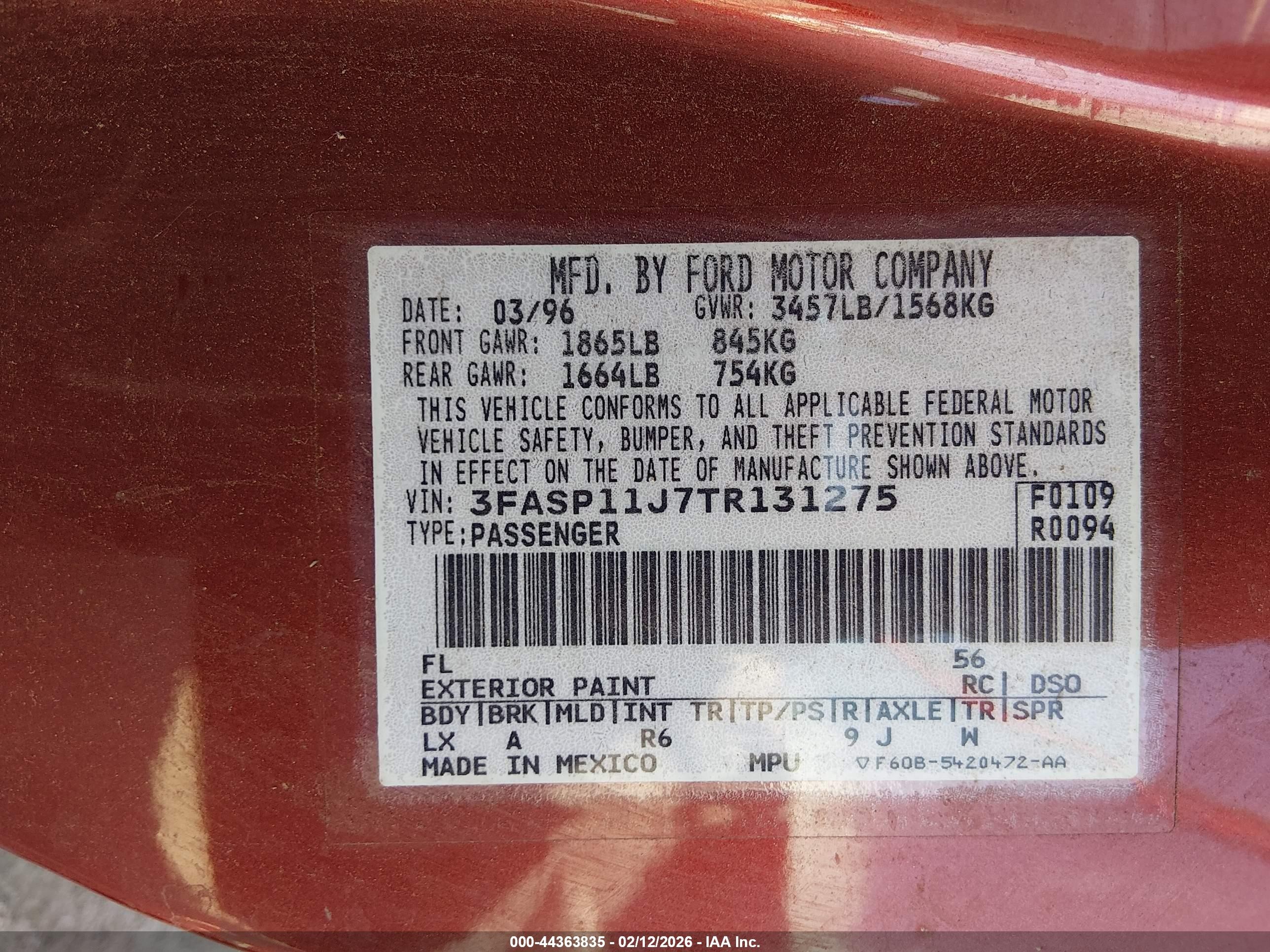 1996 Ford Escort Lx Red vin: 3FASP11J7TR131275