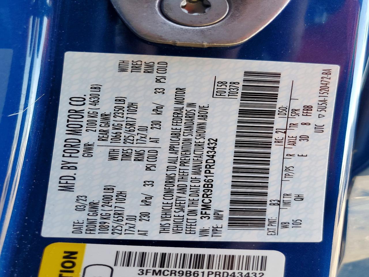 2023 Ford Bronco Sport Big Bend Blue vin: 3FMCR9B61PRD43432