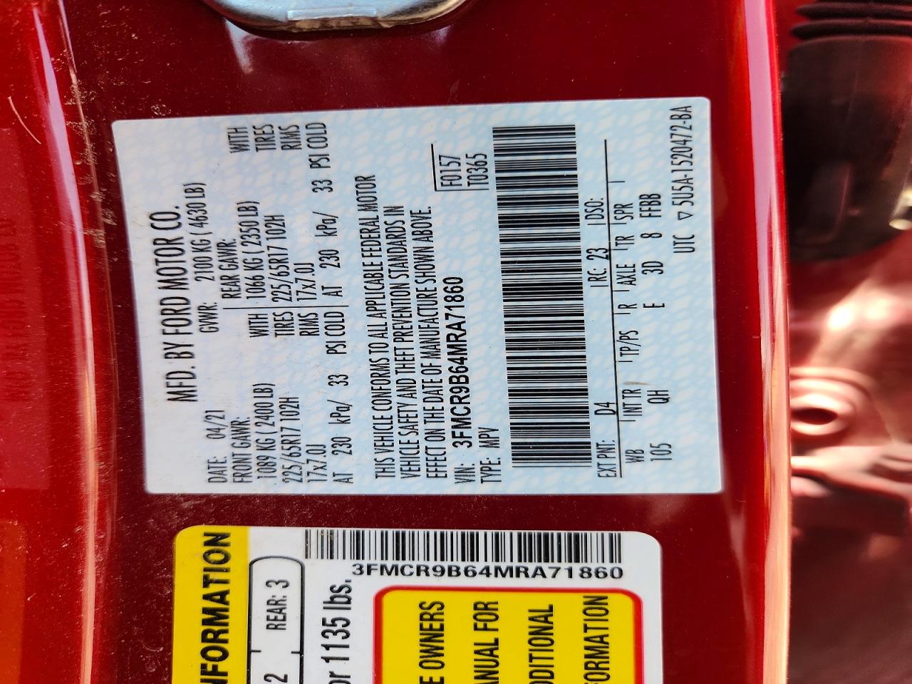 2021 Ford Bronco Sport Big Bend Red vin: 3FMCR9B64MRA71860