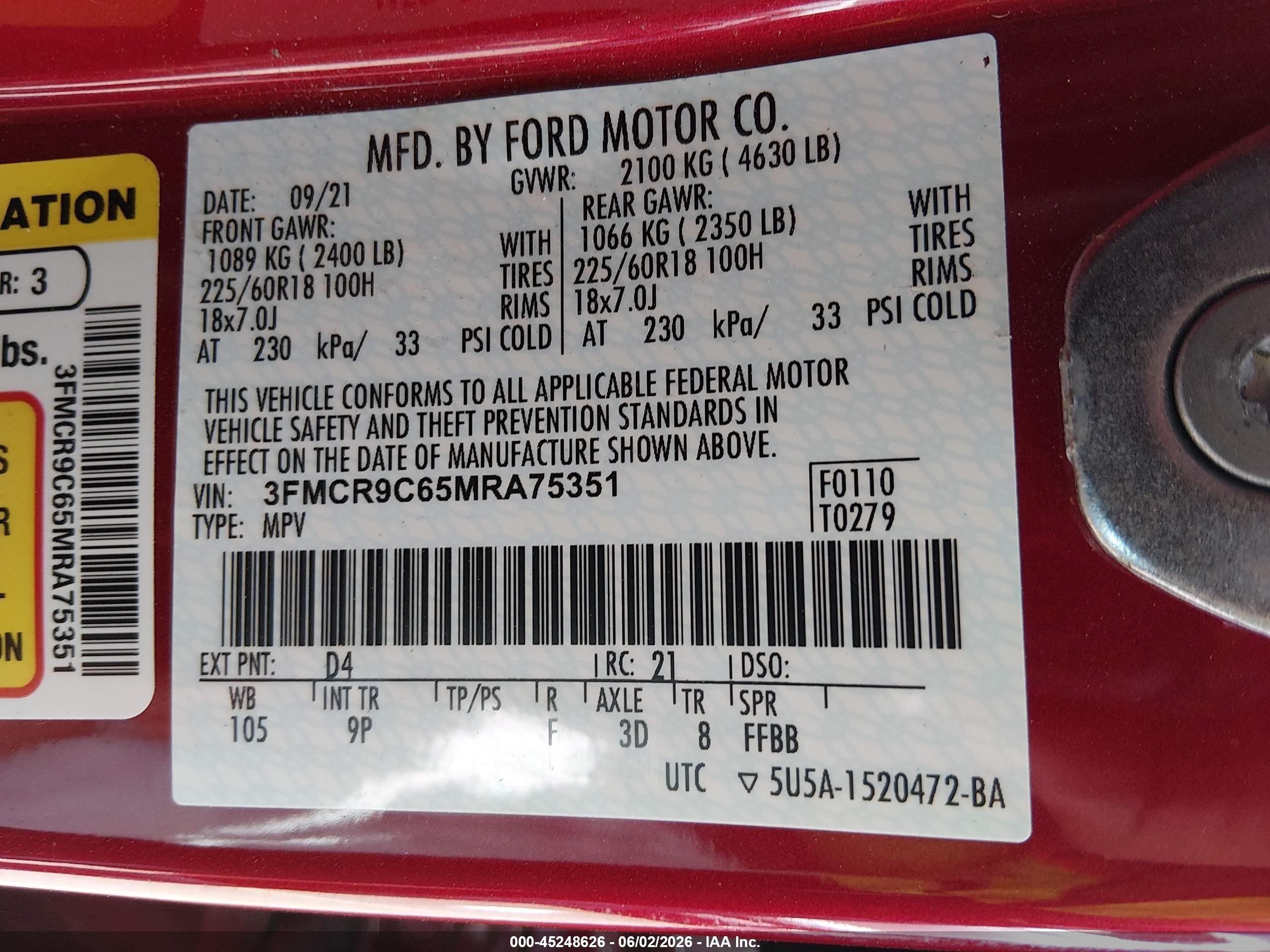 2021 Ford Bronco Sport Outer Banks Red vin: 3FMCR9C65MRA75351