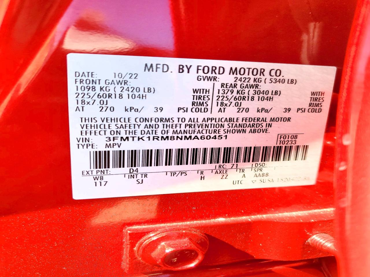 2022 Ford Mustang Mach-e Select Red vin: 3FMTK1RM8NMA60451