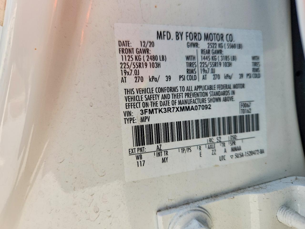 2021 Ford Mustang Mach-e Premium White vin: 3FMTK3R7XMMA07092