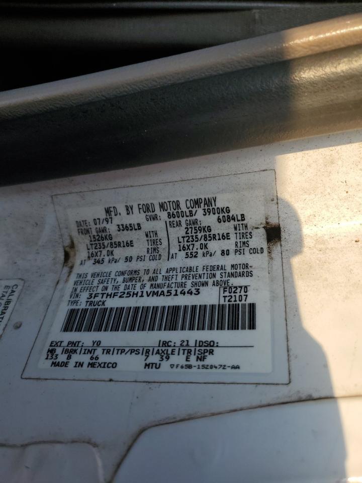 1997 Ford F250 White vin: 3FTHF25H1VMA51443