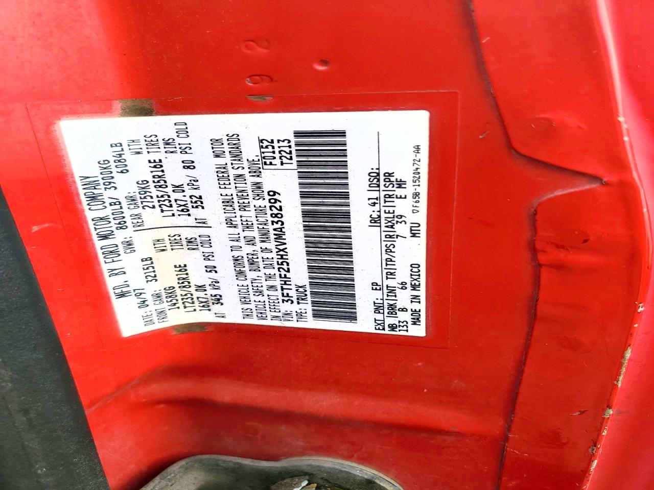 1997 Ford F250 Red vin: 3FTHF25HXVMA38299