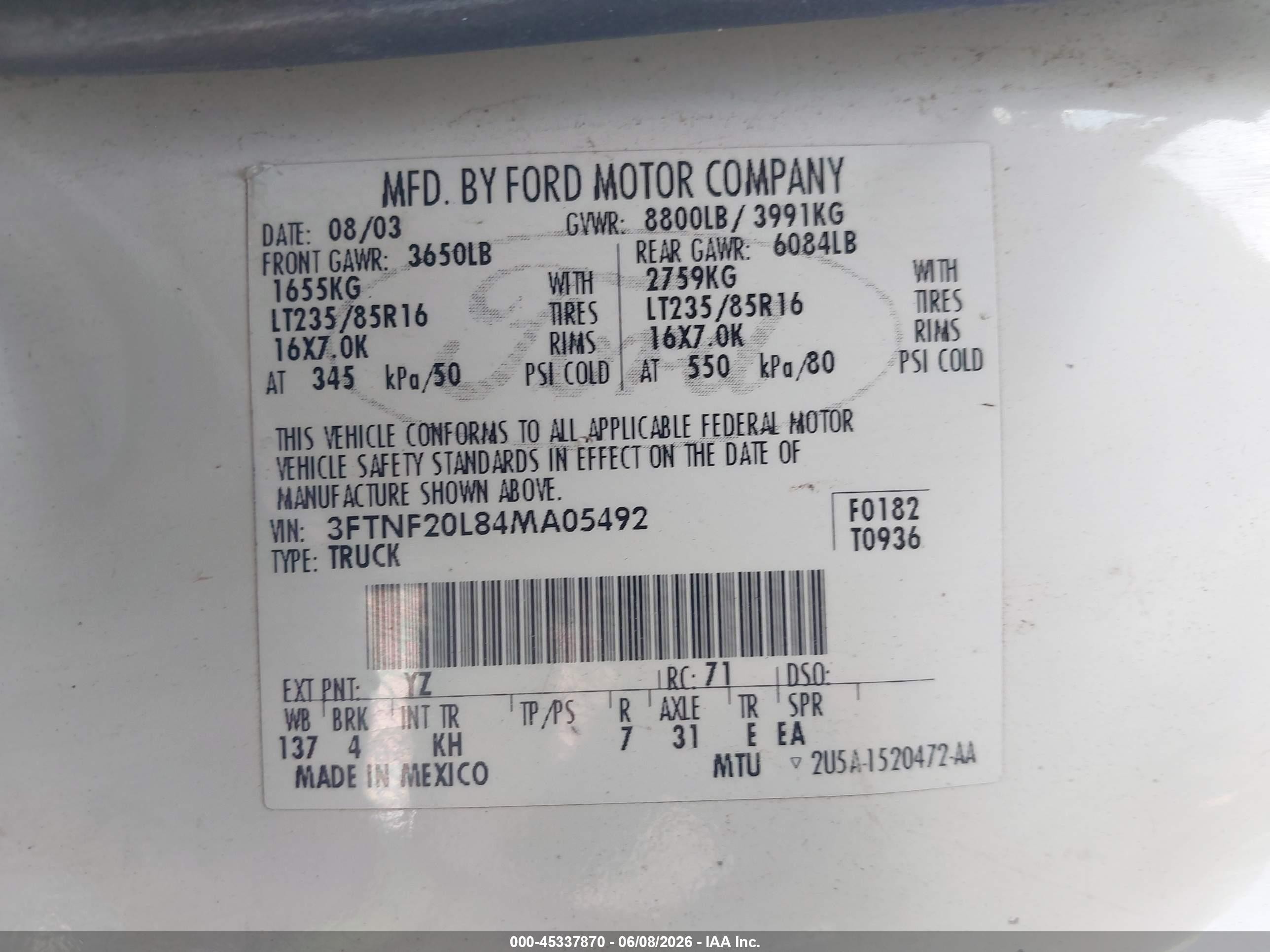 2004 Ford F-250 Xl/xlt White vin: 3FTNF20L84MA05492